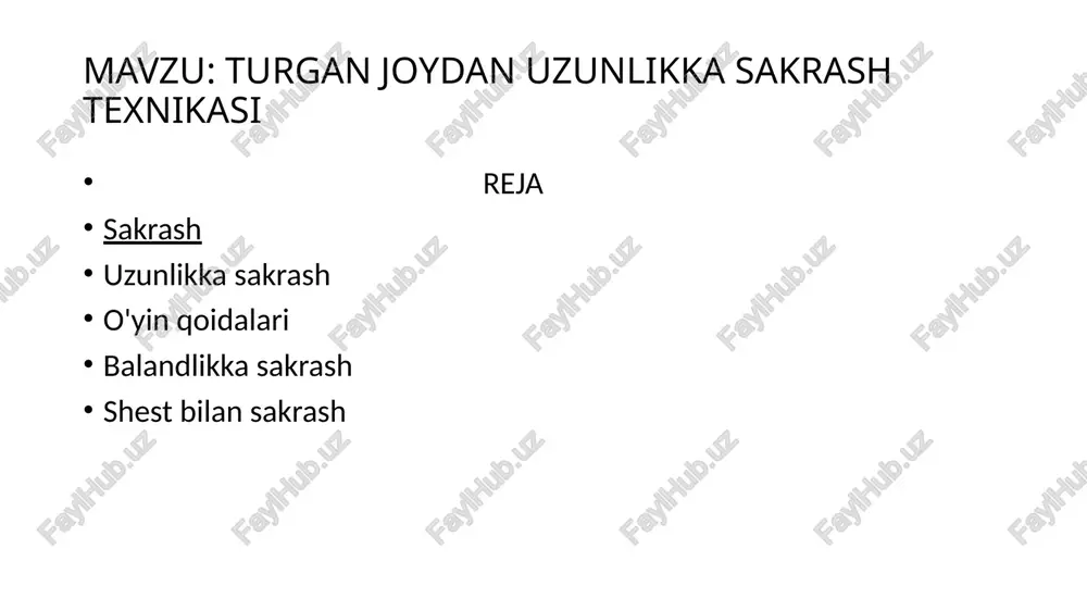 kiradi ( erkaklar uchun 1896-yildan, ayollar uchun 2000-yildan). o’yin qoidalari. shest bilan sakrash musobaqalari sakrash va qo’nish uchun moslashgan sektorlarda o’tkaziladi. sportchiga boshlang’ich etapda va finalda har bir balandlikda uchta harakat beriladi. balandlikning oshishi hakamlar tomonidan belgilanadi va u kamida 5 smni tashkil etishi kerak. uchtali sakrash – yengil atletikaning programmalaridan biridir. u olimpiya o’yinlarida 1896-yildan beri o’tkaziladi. sportchi maxsus sektordan yugurib kelib, brusokga yetib kelgandan keyin undan itarilib sakraydi.sakrash 3 bosqichdan iborat bo’lib, birinchi bosqichda – sakrashni amalga oshirayotganda brusokka qaysi oyog’i bilan birinchi sakragan bo’lsa, huddi o’sha oyog’i bilan brusokdan qumga sakrashni amalga oshirishi kerak. 2-boshqich qadam deyiladi, bunda yerga boshqa oyog’ bilan teyish kerak. ohirgi bosqich esa qumga sakrab tushishdir. image1.png image2.png image3.png /docprops/thumbnail.jpeg