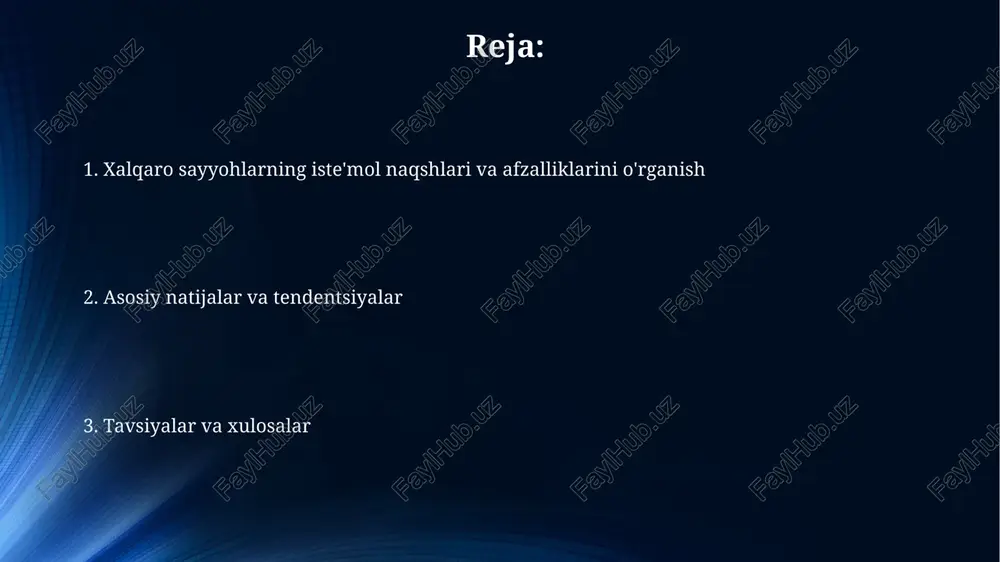 bu esa sayohatga qiziqishning yuqori ekanligini ko'rsatadi. respondentlarning 60 foizi oliy ma'lumotli, 30 foizi o'rta maxsus va 10 foizi o'rta ma'lumotli bo'lib, bu ularning xarid qilish imkoniyatlariga ta'sir qiladi. xalqaro sayyohlarning sayohat motivatsiyasi ba’zi sayyohlar madaniy merosni o’rganish va tarixiy obidalarni ko’rish uchun sayohat qiladilar, bu motivatsiya ularning 35 foizini tashkil qilishi mumkin. dam olish va stressdan xalos bo’lish – sayyohlar uchun eng keng tarqalgan motivatsiya bo’lib, ularning taxminan 60 foizi shu maqsadda sayohat qilishadi. manzillarni tanlash omillari madaniy meros va tarixiy obidalarning mavjudligi, xususan unesco ro'yxatiga kiritilgan joylar, sayyohlar uchun muhim ahamiyatga ega, bunda tarixiy joylar 65% tanlovga ta'sir ko'rsatadi. narx omili, ayniqsa arzon aviachiptalar va turar joyning mavjudligi, byudjetga mos sayohatchilar uchun hal qiluvchi ahamiyatga ega, chegirmalar esa 40% gacha tanlovni o'zgartirishi mumkin. turar joy tanlash afzalliklari xalqaro sayyohlar uchun eng muhimi joylashuvdir: 65% markaziy hududlarda, diqqatga sazovor joylarga yaqin joylarda qolishni afzal ko'radi, transport qulayligi esa muhim …