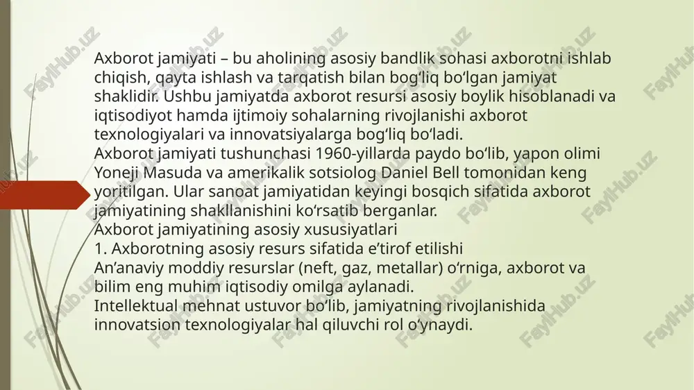 .katta hajmdagi ma’lumotlar (big data), sun’iy intellekt va bilimlarni boshqarish tizimlari iqtisodiyotning asosiy qismini tashkil etadi. 5. jamiyatning ijtimoiy tuzilmasida o‘zgarishlar. an’anaviy kasblarning yo‘qolishi va yangi kasblarning paydo bo‘lishi. insonlarning hayot tarzi va muloqot shakllarining o‘zgarishi (ijtimoiy tarmoqlar, onlayn platformalar). 1. fan va texnologiyalarning rivojlanish bosqichlari fan va texnologiyalar rivoji jamiyat taraqqiyoti bilan chambarchas bog‘liq bo‘lib, u bir necha asosiy bosqichlardan o‘tgan: 1. ibtidoiy jamiyat (qadimgi texnologiyalar) odamlar oddiy tosh qurollar yasashni boshlagan. olovdan foydalanish, dehqonchilik va hunarmandchilik paydo bo‘lgan. muloqot uchun ibtidoiy til va yozuv tizimlari rivojlangan. 2. qadimgi va o‘rta asr texnologiyalari suv tegirmonlari, temir eritish va dehqonchilik texnologiyalarining rivojlanishi. matbaa (gutenberg bosmaxonasi) ixtiro qilinishi natijasida axborot almashinuvi tezlashdi. navigatsiya vositalari rivojlanib, buyuk geografik kashfiyotlar davri boshlandi. 3. sanoat inqilobi (xviii-xix asrlar) bug‘ dvigateli ixtiro qilinib, ishlab chiqarish jarayoni avtomatlashtirildi. temir yo‘llar va elektr energiyasidan keng foydalanish boshlandi. sanoat korxonalari paydo bo‘lib, urbanizatsiya tezlashdi. 4. xx asr – …
