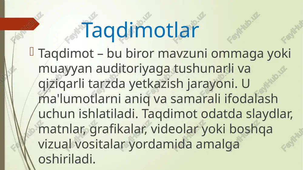 moslashtirish mumkin. yodda qolarli bo‘lish – rasm va videolar orqali ma’lumot tinglovchilarning esida uzoq muddat qoladi. kamchiliklari texnik qiyinchiliklar – projektor yoki kompyuter bilan bog‘liq muammolar taqdimotni buzishi mumkin. ko‘p vaqt talab qilishi – yaxshi va qiziqarli taqdimot tayyorlash ko‘p vaqt va kuch talab qiladi. ehtiyojdan ortiq vizual materiallar – juda ko‘p animatsiya va grafikalar auditoriyani chalg‘itib, asosiy mazmundan uzoqlashtirishi mumkin. qiziqarli tomonlari 1. vizual ta’sir kuchi – rasmlar, grafikalar, videolar va animatsiyalar orqali ma’lumotni yanada qiziqarli va tushunarli qilish mumkin. 2. auditoriya bilan muloqot – taqdimot paytida savol-javoblar, interaktiv o‘yinlar yoki bahs-munozaralar orqali auditoriyani jalb qilish mumkin. 3. yangi bilim olish – taqdimot orqali yangi g‘oyalar, faktlar va ma’lumotlarni o‘rganish imkoniyati bo‘ladi. 4. ijodkorlikka imkoniyat – turli dizayn uslublari, kreativ ifoda usullari va texnologiyalar yordamida taqdimotni yanada jozibali qilish mumkin. 5. ta’sirchan nutq imkoniyati – yaxshi taqdimot tinglovchilarga ilhom bag‘ishlashi, ularning fikrlashiga ta’sir qilishi va motivatsiya berishi mumkin. 6. …