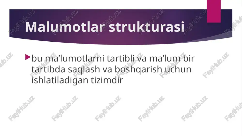 roz sekinroq massiv va malumot strukturalari malumot strukturalari, massivlar va listlar, ma’lumotlarni saqlashda va ularga samarali kirish imkoniyatini beradi. grafik misol massivlar grafik misol malumot strukturaasi list etiboringiz uchun raxmat image1.jpeg image2.png image3.png image4.png image5.png image6.jpg /docprops/thumbnail.jpeg