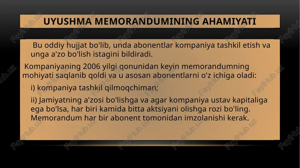 omining 9-moddasida aytilishicha, direktorni lavozimidan chetlashtirish to'g'risidagi qarorga ko'ra, direktorlarning aktsiyalari har biri uchta ovozga ega bo'ladi. ikki opa-singil uni olib tashlashga harakat qilganda, janob fayth 300 ta ovozni, qolgan ikkitasi esa 200 ta ovozni birga yozib oldi. lordlar palatasi qarorni haqiqiy deb topdi. b) maqolada yig'ilish o'tkazilganda ishtirok etuvchi kvorum tegishli a'zoni o'z ichiga olishi kerakligi nazarda tutilishi mumkin. keyin ular o'zlari kelmagan holda yig'ilish kvorumini rad etishlari mumkin. c) qonunning 22-moddasi kompaniyalarga o'z moddalariga qoidalarni kiritishga ruxsat beradi. konstitutsiyaning mustahkamlangan bandi yoki mustahkamlovchi bandi muayyan tuzatishlarni boshqalarga qaraganda qiyinroq yoki imkonsiz qiladigan qoidadir. buning uchun qandaydir ustunlik, xalq uchun referendum yoki boshqa partiyaning roziligi talab qilinishi mumkin. maqolalarni o'zgartirishni cheklash maqolalarni o'zgartirish quyidagi tamoyillar bilan cheklanadi a) agar o'zgartirish kompaniyalar to'g'risidagi qonunga zid bo'lsa b) 994-moddaga binoan ozchilikni himoya qilish uchun sud uni o'zgartirish yoki cheklash haqida buyruq berishi mumkin. c) mavjud a'zo roziligisiz ko'proq aktsiyalarni sotib olishga …