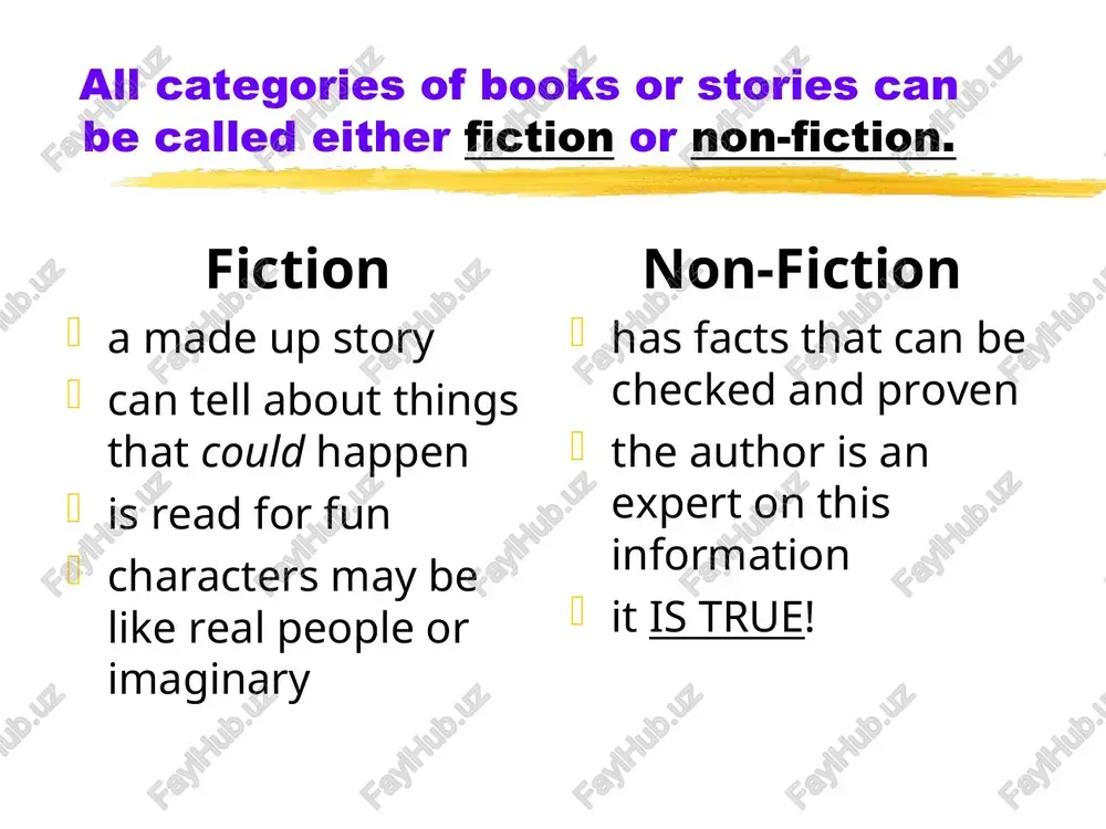 ble the setting is often in outer space or another dimension adventure has elements such as fast-moving action, discoveries of new and exciting things, and moments of danger usually encounters adversaries that keep the adventurer from a goal; i.e…, nature, human or self genre categories non fiction informational autobiography biography informational nonfiction writing about a topic including: books, newspaper, or magazine articles informational tells facts that can be looked-up or proven tells about real events characters have really lived may have maps, diagrams and illustrations to explain the facts author is an expert on the subject autobiography nonfiction that is a biography of a person written by himself or herself biography nonfiction that is informational writing about real people. mark twain