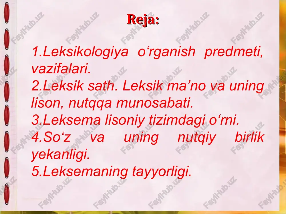ning kishilar hayotiga, amal qilayotgan davrga munosabati ochiladi. masalan, sobiq sho’ro tuzumi davrida savdogar so’zida salbiy ottenka bo’lgan bo’lsa, bugungi kunda ijobiy bo’yoqli so’z sifatida keng iste‘mollidir. leksikologiyaning turlari: umumiy leksikologiya leksikaning qurilish, amal qilish va taraqqiy etishining umumiy qonuniyatlarini ochsa, xususiy leksikologiya ma‘lum bir tilning lug’at tarkibini o’rganadi. tarixiy leksikologiya so’zlarning tarixiy shakliy va ma‘noviy holatini, ularning taraqqiyotini tekshiradi. qiyosiy leksikologiya qarindosh va qarindosh bo’lmagan tillarning leksik birliklarini taqqoslash bilan shug’ullanadi. masalan, qalqimoq so’zi o’zbek tilida narsalarning yuzaga chiqishini ifodalaydi va uning turk tilidagi varianti ma‘nosi («kishining o’rnidan turishi» ) farqlanadi (saat kachda kalkiyursunuz? - qachon uyqudan turasiz?) yoki qarindosh bo’lmagan o’zbek va rus tillaridagi yabloko (meva) va olma (meva va daraxt) leksemalarining lisoniy qiymatlari har xildir. amaliy leksikologiya leksikografiya (lug’atchilik), tarjima, lingvo-pedagogika va nutq madaniyatini o’z ichiga oladi. ularning har biri leksikologik nazariyani boyitadi. masalan, tarjima qiyosiy leksikologiya uchun qimmatli materiallar beradi. lyeksyema va so’z. sistem yondashuvda leksik …