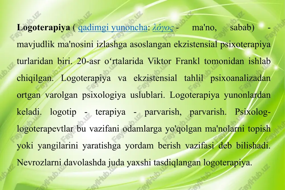ularga munosib bo'lgan qandaydir ma'noga intensiv intilish kerak deb hisoblardi. ma'no istagi puchga chiqqanda, befarqlik va zerikish paydo bo'ladi. franklning fikricha: insonning hayot ma'nosiga bo'lgan hoxishlari chippakga chiqgandagi holati bu ekzistiansinal bòshliq deyiladi,bu haqda ekzistensianal faylasuflar ma'lumot berib o'tgan. ekzistensial vakuum, logoterapiyaga ko'ra, noogen nevrozga (ma'noga intilishning umidsizlikka tushishi natijasida paydo bo'ladigan nevroz), klinik alomatlarga olib kelishi mumkin. 1950-1960-yillarda frankl hayot ma'nosining yòqolishiga sababchi bo'luvchi omillarni qayd etdi. u keltirgan statistik ma'lumotlarga ko'ra, ruhiy tushkunlik, giyohvandlik, alkogalizm ko'paysa, tajovvuzkorlik kuchayadi. bosilgan jinsiy instinktlar tajovuzni keltirib chiqaradi,deb hisoblagan freyddan farqli o'laroq, frankl hayotda ma'no yo'qligini tajovuzning muhim sababi deb hisobladi. uning fikricha,ichkilikboz va giyohvandlar - bu hayotiy ma'noga ega bo'lmagan yoki uni yo'qotgan, ekzistensial bo'shliqni, ichki bo'shliqni, borliqning ma'nosizligini boshdan kechirgan odamlardir. logoterapiyaning turlari va uslublari v. franklning izdoshlari tomonidan takomillashtirilsa-da, minglab kishilarda zarar ko'rgan va sinovdan o'tgan narsalarning o'zgarmasligi bugungi kunda ushbu uslublar ishlaydigan va dolzarb ekanligini ko'rsatmoqda. logoterapiya usullarining …