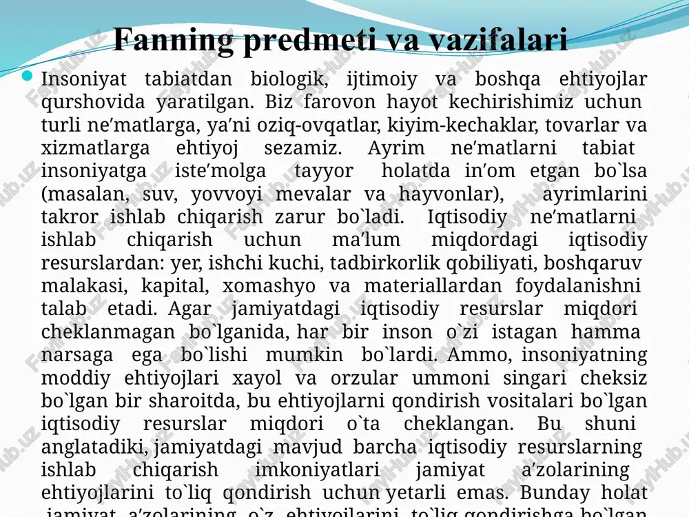 h, ya′ni tovarlar va xizmatlar qanday texnologiyalardan foydalanib, qaysi yo`l bilan ishlab chiqarilishi lozim? 3. kim uchun ishlab chiqarish, ya′ni tovarlar va xizmatlarning iste′molchilari kimlar? nimani, qanday qilib va kim uchun ishlab chiqarish masalasi jamiyat oldida turgan eng asosiy iqtisodiy muammolardan sanaladi. shundan kelib chiqqan holda iqtisodiyot faniga quyidagicha ta′rif berish mumkin. iqtisodiyot – bu jamiyat a′zolarining cheksiz ehtiyojlarini to`laroq qondirish maqsadida cheklangan va noyob resurslaridan foydalanib, nimani, qanday qilib va kim uchun ishlab chiqarish muammosini echish yo`llarini o`rgatadigan fandir. boshqacha qilib aytganda iqtisodiyot insoniyatning moddiy ehtiyojlarini maksimal darajada qondirishga erishish yo`lida cheklangan resurslardan samarali foydalanish masalalarini tadqiq etadigan fandir. kundalik hayotimizda har birimiz o`zimizning cheklangan vaqtimizdan samarali foydalanish, oylik maoshimizni oziq-ovqat, kiyim-kechak yoki maishiy texnikalar sotib olish uchun to`g`ri taqsimlash kabi o`nlab masalalar xususida qaror qabul qilishimizga to`g`ri keladi. xuddi shuningdek, tovarlar va xizmatlarni ishlab chiqarish bilan shug`ullanuvchi firmalar ham sarmoyani qaysi sohaga tikish, xom ashyo va asbob-uskunalarni qancha …
