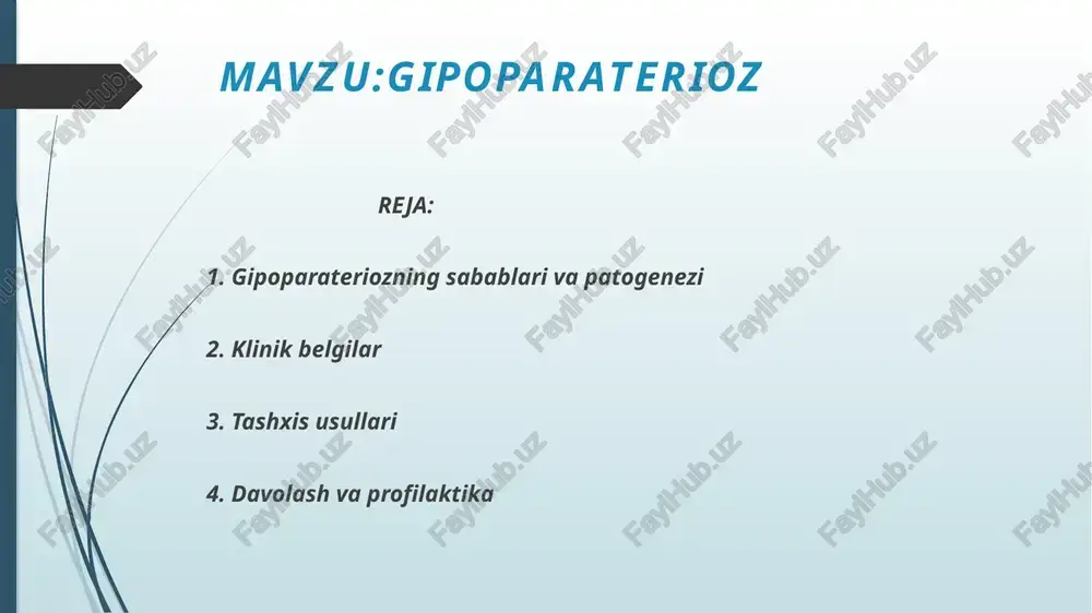 agilar sodir bo‘ladi: qonda ionlashgan kaltsiy kamayadi (gipokalsemiya). buyrak orqali fosfor ajralishi kamayadi (giperfosfatemiya). natijada kaltsiy-fosfat muvozanati buziladi, asab-mushaklar sezuvchanligi ortadi. bu esa tetaniya, mushak spazmlari, yurak faoliyati buzilishi, ruhiy o‘zgarishlarga sabab bo‘ladi. uzoq davom etsa — soch to‘kilishi, tirnoq mo‘rtlashishi, suyak deformatsiyasi rivojlanadi. asosiy klinik belgilar gipoparateriozda kuzatiladigan asosiy simptomlar: mushaklarda og‘riqli tortishishlar (tetaniya); qo‘l-oyoqda uvishish, karashish, achishish hissi; yuz mushaklarining tortilishi (mimika spazmlari); nafas olish qiyinlashuvi (laringospazm, bronxospazm); yurak urishining sekinlashuvi (bradikardiya); terida quruqlik, sovuqqa sezuvchanlik. neyromushak simptomlari xvostek belgisi: yuz nervi ustiga urilganda lab va yuz mushaklari tortiladi — gipoparaterioz uchun xos. trosso belgisi: bilakni bog‘laganda qo‘l barmoqlari spazmga tushadi (“akuşer qo‘li” holati). bu belgilar gipokalsemiya natijasida asab-mushak qo‘zg‘aluvchanligi oshganini ko‘rsatadi. ruhiy va asab tizimi belgilar asabiylik, tez jahllanish, depressiya, diqqatning pasayishi; uyqusizlik, charchash; og‘ir hollarda gallyutsinatsiya va ruhiy beqarorlik kuzatiladi. bolalarda — asabiy tortishishlar va intellektual rivojlanishning orqada qolishi mumkin. yurak va ovqat hazm tizimi o‘zgarishlari …
