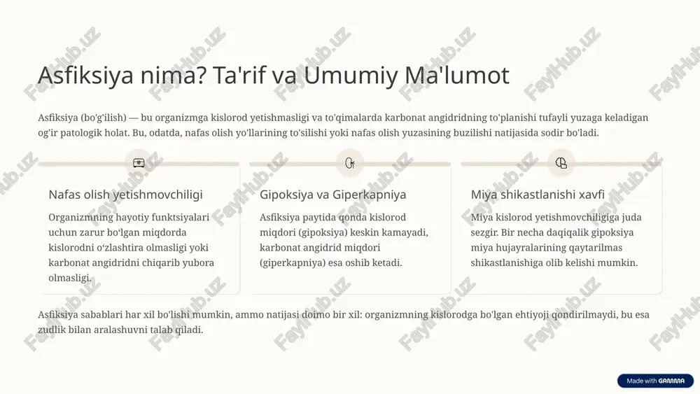 ingospazm (hiqildoq spazmi) tufayli havo kirishini to‘xtatadi. atrof-muhitda kislorod yetishmovchiligi yopiq, ventilyatsiyasiz joylarda (masalan, eski quduqlar, sisternalar) kislorod konsentratsiyasi keskin pasayishi yoki zaharli gazlar (uglerod oksidi) to‘planishi. bo'yinning siqilishi (bo'g'ilish) arqon, kamar yoki boshqa narsa bilan bo'yin siqilishi natijasida nafas yo'llari va bo'yin arteriyalari to'silib, miyaga qon ta'minoti buziladi. 3 asfiksiyaning ichki sabablari (kasalliklar, shikastlanishlar) tashqi omillardan farqli o'laroq, ichki sabablar organizm ichidagi kasalliklar yoki shikastlanishlar natijasida nafas olish funksiyasining buzilishi bilan bog'liq. o'pka kasalliklari og'ir bronxial astma xuruji, pnevmoniya, o'pka shishi yoki surunkali obstruktiv o'pka kasalligi (so'pk) kabi holatlar o'pkaning gaz almashinuvini sezilarli darajada pasaytiradi. allergik reaksiyalar anafilaktik shok paytida hiqildoqning shishishi (kvinke shishi) nafas yo‘llarini keskin toraytirib, havo o‘tishini imkonsiz qiladi. ko'krak shikastlanishlari qovurg'a sinishlari, pnevmotoraks (o'pka yirtilishi va ko'krak bo'shlig'iga havo kirishi) yoki gemotoraks (ko'krak bo'shlig'iga qon quyilishi) nafas olish harakatini cheklaydi. nerv-mushak buzilishlari botulizm, o‘tkir poliomielit yoki orqa miya shikastlanishlari kabi kasalliklar nafas olish mushaklarini (diafragma …