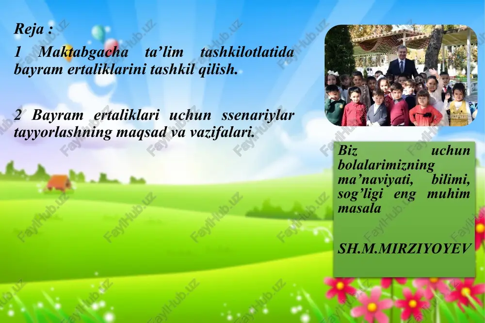 orligi, shuningdek, ularning ijtimoiy,shaxsiy,hissiy, nutqiy, jismoniy va ijodiy rivojlanishini baholash asosida amalga oshirilishi ta’kidlandi. bunday ertaliklarda musiqa asosiy o’rinda turadi. bunday ertaliklarda bolalar qo’shiq kuylaydilar, raqsga tushadilar, bolalar musiqiy holg’ularida ijro etadilar. bunday ertaliklar uchun ataylab stsenariylar yoziladi. stsenariylar mavzusi bayram ruhiga yaqin bo’lishi, turli xil she’rlar, kuy va qo’shiqlardan tashkil topgan bo’lishi kerak. demak, bayram ertaliklaridagi repertuar xilma – xil bo’lmog’i lozim. tanlanadigan repertuarning mazmuni bayram mazmuni bilan hamohang bo’lishi muhim. davlatimiz bayramlaridan tashqari maktabgacha ta’lim muassasalarida hayrlashuv kechalari ham tashkil etiladi. bunda asosan, tayyorlov guruhlari bolalari ishtirok etib, ular bog’cha bilan hayrlashib maktabga yo’llanma oladilar. bayram ertaliklariga tayyorgarlik ko’rilar ekan, avvalambor bu hammaning bayrami ekanligi, bolalar xotirasida unutilmas iz qoldirilishi, ularga zavq, xursandchilik olib kelishini nazarda tutish zarur. bu jarayonda barcha teng qatnashishi lozim. masalan, pedagogik jamoa, ota-onalar va mahalla ahli. maktabgacha ta‘lim muassasasida tashkil qilingan bayram ertaliklari umumxalq bayramlarining bir parchasi bo’lmog’i zarur. bolalar bog’chasida musiqa va …
