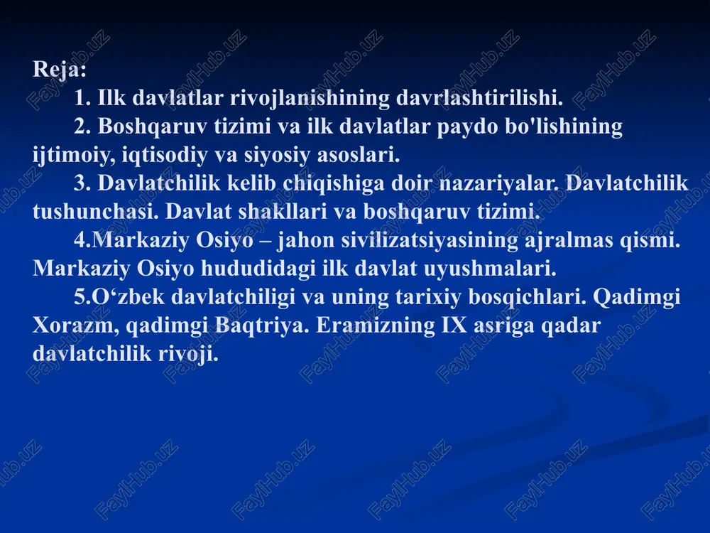 ilgan hamda uchta o'rta osiyo satrapiyalari – baqtriya, sug'd, xorazm to'laligicha yoki qisman hozirgi o'zbekiston hududlarida joylashgan. sak qabilalarining ahamoniylarga qarshi uzoqkurashlari natijasida mil.avv. iv asrning boshlariga kelib xorazmda mustaqil davlat tashkil topadi. to'rtinchi davr – mil.avv. iv asrning oxiri – ii asr ikkinchi yarmining boshi. makedoniyalik aleksandr yurishlaridan so'ng salavkiylar davlati davri va yunon–baqriya davlatining inqirozigacha bo'lgan, o'z xususiyati va shakliga ko'ra ikki xil–shimoliy baqtriya va qisman so'g'dda ellinistik, qolgan hududlarda esa, xususan xorazmda mahalliy davlatchilik an'analari rivojlanadi, o'rta sirdaryo havzasida qang' va farg'ona vodiysida davan davlati vujudga keladi. beshinchi davr – mil.avv. ii asrning ikkinchi yarmi – milodiy birinchi asr boshlari. ko'chmanchi qabilalar hujumi natijasida o'rta osiyo ikki daryo oralig'ining barcha hududlarida davlatchilik mavjud bo'lib, ko'chmanchi davlatchilik an'analari mahalliy davlatchilik an'analari bilan aralashib ketadi. bu hududlarga kirib kelgan yuechji–toxarlar sug'd va shimoliy baqtriyaga hududlariga joylashib, beshta mulkdan iborat mustaqil davlat konfederatsiyasini tashkil etadilar. oltinchi davr – milodiy i …