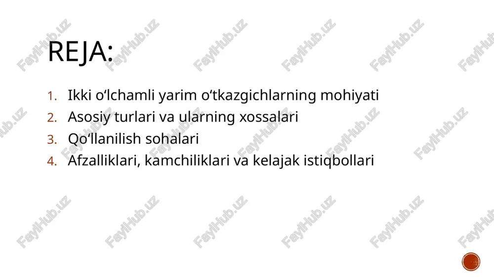 siqsiz harakatlanadi, bu esa ularni tezkor tranzistorlar uchun qulay qiladi. band gap (tarmoqli oralig‘i) mavjud — bu xossa ularni yarim o‘tkazgich sifatida ishlatishga imkon beradi. yorug‘likni yutish va nurlantirish qobiliyati juda kuchli — bu esa led, lazer va fotodetektorlarda foydalanish imkonini beradi. issiqlik o‘tkazuvchanligi yuqori, bu esa issiqdan himoya qiluvchi nanoqurilmalar yaratishda yordam beradi. 2d yarim o‘tkazgichlar kuchli yorug‘lik- modda o‘zaro ta’siriga ega. to‘g‘ridan-to‘g‘ri tarmoqli o‘tish tufayli yorug‘likni samarali yutadi va chiqaradi. fotolüminessensiya spektrlari juda aniq va o‘tkir cho‘qqilarga ega. eksiton bog‘lanish energiyasi yuqori bo‘lib, bu ularni kvant optikada muhim qiladi. optik singdiruvchanlik ultrabinafsha sohada ham sezilarli. image1.png image3.png image7.png image8.png image9.png image10.png image11.png image12.png image13.png image14.png image15.png image16.png image17.png image18.png image19.png image20.png image5.png /docprops/thumbnail.jpeg