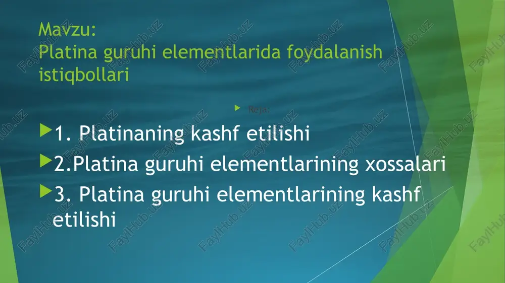 aniyaga olib borgan ulloa ushbu konlarni ispaniyada ochilgan mineralogiya laboratoriyasida o’rganib chiqdi va konlarda platina ishlatilganligini aniqladi. keyin, 1748 yilda u platina bo’yicha muntazam tadqiqotlar o’tkazdi. ingliz kimyogari charlz vud 1741 yilda platinani ajratib oldi. birinchi sof platina 1803 yilda ingliz kimyogari uilyam xayd vollastan tomonidan olingan va vollastan platinani «zo’r metal» deb ta’riflagan. qirol xv. lui platinani «qirolga mos metall» deb ta’riflagan. 1888 yilda platina kanadaning sudbury shahrida mis va nikel konlarida topilgan. keyin ingotlarda platina rudalari janubiy afrikadagi bushveld magmatik kompleks (geologik shakllanish) oqimlarida topilgan. (bu erda topilgan platina zaxiralari dunyodagi jami zaxiralarning 75 foiziga to’g’ri kelishi aniqlandi). xix asrda platinani katalizator sifatida ishlatish mumkinligi aniqlandi. ushbu kashfiyotni amalga oshirgan nemis kimyogari iogann volfgang döberreinerdir. platinani ishlatadigan birinchi katalitik konvertor 1975 yilda tashkil etilgan. keyingi yillarda platinaning ahamiyati oshmoqda va u ko’plab sohalarda, ayniqsa zargarlik sanoatida qo’llaniladi. kimyoviy xossalari kimyoviy belgisi «pt» bo’lgan platina elementlar jadvalining 8-b guruhiga …