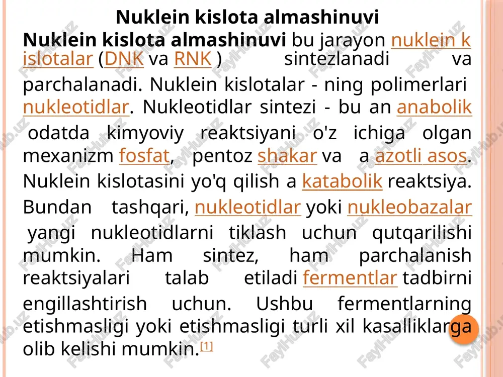 hadi. (bu antiparallel joylashuv deb ataladi va dnk nusxasini olishda muhim ahamiyatga ega.) demak, qoʻsh spiral tarkibidagi ikkita qarama-qarshi har qanday asos oʻzaro juft hosil qilishi mumkin, shundaymi? javob: bunday boʻlishi mumkin emas. asoslarning oʻlchami va ular tutgan funksional guruhlarga koʻra juft hosil qilish yuqori darajada spetsifik xarakterga ega: a faqat t bilan va g faqat s bilan (yuqorida keltirilgani kabi) juft hosil qiladi. bu qoʻsh spiralning ikkita zanjiri yuqori darajada bir-biriga mos kelishi kerakligini anglatadi. masalan, agar bitta zanjirning ketma-ketligi 5ʼ-aattggss-3ʼ ekanini bilsangiz, unga komplementar zanjir 5ʼ-ttaassgg-5 ketma-ketlikka ega boʻlishi kerak. bu har bir asosning oʻz juftiga mos kelishiga imkon beradi: ikkita dnk ketma-ketligi shu tarzda mos kelganda, ular bir-biriga antiparallel holatda bogʻlanadi va spiral hosil qiladi. bu zanjirlar bir-biriga komplementar deyiladi. rnkning xususiyatlari ribonuklein kislota (rnk) dnkdan farqli oʻlaroq, odatda bir zanjirli tuzilishga ega. rnk zanjiri tarkibidagi nukleotid toʻrt xil azotli asosdan bittasini (a, u, g yoki s), …