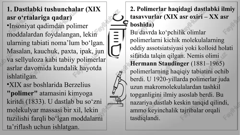 shini ilmiy asoslab berdi. avvaliga uning g‘oyasi jiddiy tanqid qilindi, biroq keyinchalik tajribalar bilan tasdiqlanib, zamonaviy polimer fanining poydevori bo‘ldi. polimerlar (yun. polymeres — koʻp qismlardan tashkil topgan) — molekulalari (makromolekulalar) bir yoki bir necha turli koʻp sonli takrorlanuvchi guruxlar (monomer zvenolari)dan tashkil topgan yuqori molekulyar massali (bir necha mingdan bir necha milliongacha) kimyoviy birikmalar. makromolekula tarkibidagi atomlar bir-biri bilan asosiy yoki koordinatsion valentlik kuchi vositasida bogʻlangan. polimerlar molekulalari polimerlanish va polikondensatlanish usullari bilan hosil qilinadi. 20-asrning 2-yarmidan boshlab polimerlar sintezining yangi usullarini ishlab chiqildi : a) tayyor polimerga biror yangi, qoʻshimcha monomerni kimyoviy "payvandlash". bu tayyor polimer molekulasining faollashishiga va erkin radikallar hosil boʻlishiga yordam beradi. bunda polimerning chiziqsimon molekulasiga polimerlanuvchi qoʻshimcha monomer yon tarmoqchasi "payvandlanadi"; b) tayyor polimer zanjirini kuchli mexanik taʼsir ostida uzib, makromolekula boʻlaklarini biriktirib, yangi makromolekulalar, yaʼni "blok polimerlar" xosil qilishi. bu usullar polimer mahsulotlarining xossalarini (puxtaligi, kimyoviy bardoshliligi, elektr oʻtkazmaslik va hokazo) oʻzgartirishga imkon …