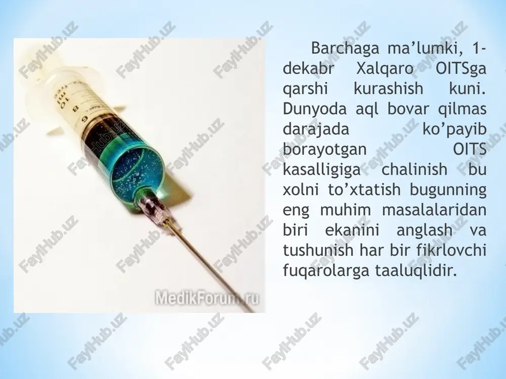 infeksiya bilan zararlangan va ular virus tashuvchilardir. (buyuk britaniyaning sog’liqni saqlash va ijtimoiy ta’minot vazirligining bosh tib eksporti d. edison) o’zbekiston 3.7 tojikiston 7.2 qirg’iziston 20.8 qozog’iston 49 belorusiya 79.5 ukraina 161 rossiya 250.6 oits inson immunitet tizimining zaiflashuvi oqibatida yuzaga keluvchi kasallikdir. bu dardning o‘ziga xos belgisi shundaki, oits virusini yuqtirgan inson kasalliklarga qarshi himoyachisi bo‘lgan immunitetlarining zaiflashuvi oqibatida oddiy xastaliklarga ham dosh berolmay qoladi. bu holatda yengil darajadagi bir shamollash ham insonni halok qilishi mumkin. oiv kasalligining o'ziga xos epidemiologiyaga ega ekanligi; kasallikni chaqiruvchi viruslarga ta'sir etuvchi davolash vositalarining topilmaganligi; kasallik virusining odam organizmida butun hayoti davomida saqlanib qolishi va tashqi muhitga ajralib chiqish xususiyati mavjudligi; kasallikni oldini olishga qodir bo'lgan vaktsinaning yo'qligi; kasallik virusining yuqish xavfi yuqori hisoblangan xavfli guruhga mansub shaxslar bilan bog'lanishning qiyinligi; davosi yo'qligi sababli kasallik virusini yuqtirgan shaxslarning o'limi bilan yakunlanishi; oiv kasalligi epidemiyasini butunlay to'xtatib qoladigan tadbirlarni bugungi kunda ishlab chiqishning imkoni …