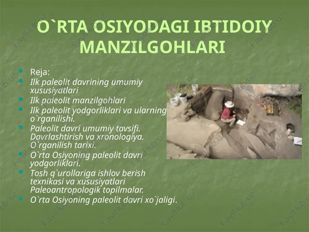 urug` munosabatlari shakllanadi. ilk paleolit davrida insoniyat tarixida tabiat katta ahamiyatga ega bo`lgan. inson va uni o`rab turgan tabiat o`rtasidagi doimiy munosabatlar uzluksiz jarayon shaklini olgan. ilk paleolitda biologik jihatdan – tabiiy saralanish va jinsiy tanlanish, mehnat jarayonida arxantroplar (dastlabki odamlar) o`tmishdoshlaridan juda uzoqlashib ketadilar. mehnat qurollarini yasash, qo`lning mehnat faoliyati uchun bo`shashi, uni alohida vazifalar bajarishi, go`shtli ovqatning iste`mol qilinishi va boshqa ijtimoiy va tabiiy omillar tufayli odamzod rivojlanib borgan. ilk paleolitning dastlabki davrida janubiy va o`rta evropada iqlim subtropik, janubiy osiyo va afrikada esa tropik bo`lib, issiqsevar hayvonlar keng tarqalgan. masalan, evropada fillar, begemotlar, primitiv (stenon otlar) otlar; osiyoda esa ibtidoiy xo`kizlar, karkidonlar, zebra paydo bulgan. o`simliklar esa hamisha yashil rangda bo`lgan. janubiy va markaziy evropa hududlarida-shamshod, dafna, anjir; evropaning boshqa hududlarida esa qalin, keng bargli daraxtlardan tashkil topgan o`rmonlar tarqalgan. osiyo va afrika hududlarida ham issiqsevar o`simliklar keng tarqalgan. ilk paleolitda dastlabki odamlar shimoliy afrika, evropa va …