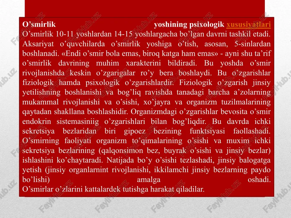 qobil, yangi sharoitlarda o’z o’rnini topa olmaganligidan psixik portlash hollari ham kuzatiladi. o’z davrida l.s, vigotskky bunday holatni «stenik rivojlanishdagi krizis» deb nomlagan. o’smirlik yoshida ularning xulq-atvoriga xos bo’lgan alohida xususiyatlarni jinsiy yetilishning boshlanishi bilan izohlab bo’lmaydi. jinsiy yetilish o’smir xulq-atvoriga asosiy biologik omil siatida ta’sir ko’rsatib, bu ta’sir bevosita emas, balki ko’proq bilvositadir o’smirlik davriga ko’pincha so’zga kirmaslik, o’jarlik, tajanglik, o’z kamchiliklarini tan olmaslik, urushqoqlik kabi xususiyatlar xos. kattalarga nisbatan yovuz munosabatning paydo bo’lishi, noxush xulq-atvor alomatlari jinsiy yetilish tufayli paydo bo’ladigan belgilar bo’lmay, balki ular bilvosita ta’sir kursatadigan, o’smir yashaydigan ijtimoiy shart-sharoitlar vositasi turli jamoalardagi mavqei tufayli, kattalar bilan munosabati, maktab va oilasidagi munosabatlari sababli yuzaga keladigan xarakter belgilaridir. mana shu ijtimoiy sharoitlarni o’zgartirish yo’li bilan o’smirlarning xulq-atvoriga to’gridan-to’gri ta’sir ko’rsatash mumkin. o’smirlar nihoyatda taqlidchan bo’lib, ularda hali aniq bir fikr, dunyoqarash shakllanmagan bo’ladi. ular tashqi ta’sirlarga va hissiyotlarga juda beriluvchan bo’ladilar ularga mardlik, jasurlik, tanglik ham xosdir. …