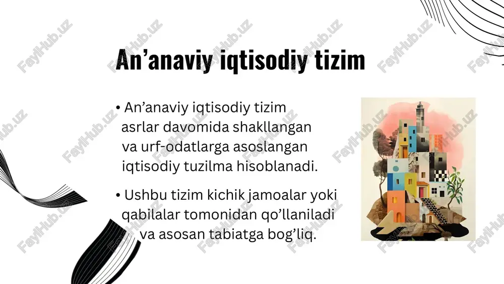aviy iqtisodiy tizimlar o‘z-o‘zini ta’minlash va mustaqillikka asoslangan. ular o‘z mahsulotlarini ishlab chiqarish, taqsimlash va iste’mol qilishda avtonom yondashuvga ega. ular tashqi bozorlarga yoki zamonaviy iqtisodiy faoliyatga kamroq bog‘liq bo‘lib, ko‘pincha o‘z resurslari bilan ta’minlanadi va o‘z ehtiyojlarini qondiradi. o’z-o’zini ta’minlash an’anaviy iqtisodiy tizimlar tabiatga zarar yetkazmasdan yashash prinsipiga asoslanadi. ular tabiat resurslaridan foydalanishda ehtiyotkorlik bilan yondashadi, atrof-muhitni saqlashni maqsad qiladi. bugungi ekologik muammolar fonida bu tizimning ushbu jihati qimmatlidir, chunki u tabiat resurslarini qayta tiklanadigan va uzoq muddatli foydalanishga imkon beradi. tabiat bilan uyg’unlik an’anaviy iqtisodiy tizim xususiyatlari barqarorlik , atrof-muhitga kam zarar jamoaviy qo‘llab-quvvatlash va birdamlik resurslardan foydalanishda ehtiyotkorlik bilan yondashish ijobiy tomonlari ishlab chiqarish va iste’mol jarayonlari mahalliy resurslardan samarali foydalanishga asoslanadi. bu tizimda resurslar ortiqcha ishlatilmaydi va tabiiy muhitga zarar yetkazilmaydi. ishlab chiqarish jarayonlari ko‘pincha jamoaviy mehnat orqali amalga oshiriladi, bu esa jamiyat ichida birdamlik va qo‘llab-quvvatlashni mustahkamlaydi. an’anaviy iqtisodiy tizimda yer, suv va o‘simliklar kabi …