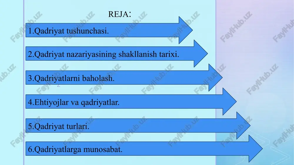 n, muayyan g’oyaga ma’lum informatsion mazmun va uning haqqoniylik darajasi xos. qadriyatning shaxsga doir mazmuni – bu uning inson ehtiyojlariga bo’lgan munosabatida namoyon bo’ladi.. qadriyatning shaxsga doir mazmuni, bir tomondan, qadriyat funksiyalarini bajaruvchi ob‘ekt bilan belgilanadi, boshqa tomondan esa, insonning o’ziga bog’liq bo’ladi. inson narsaning mazmun va mohiyatini anglab yetish jarayonida o’zining mazkur narsaga bo’lgan sof tabiiy ehtiyojidan emas, balki o’zi mansub bo’lgan jamiyat tarbiyalagan ehtiyojdan, ya‘ni jins bildiruvchi ijtimoiy ehtiyojdan kelib chiqadi. u narsaga go’yo boshqa odamlarning, jamiyatning ko’zi bilan qaraydi va unda mazkur jamiyat doirasida o’z hayoti uchun muhim bo’lgan narsani ko’radi. inson jins bildiruvchi mavjudot sifatida narsalarda ularning jins bildiruvchi mohiyatini, narsaning g’oyasini izlaydi va bu g’oya inson uchun mazmun kasb etadi. qadriyat nazariyasining shakllanish tarixi qadimgi davrdayoq faylasuflarni qadriyatlar muammosi qiziqtirgan. ammo o’sha davrda qadriyat borliq bilan ayniylashtirilgan, qadriyatga xos bo’lgan xususiyatlar esa uning mazmuniga kiritilgan. masalan, zardo’sht, moniy, suqrot va platon uchun yaxshilik va adolat …