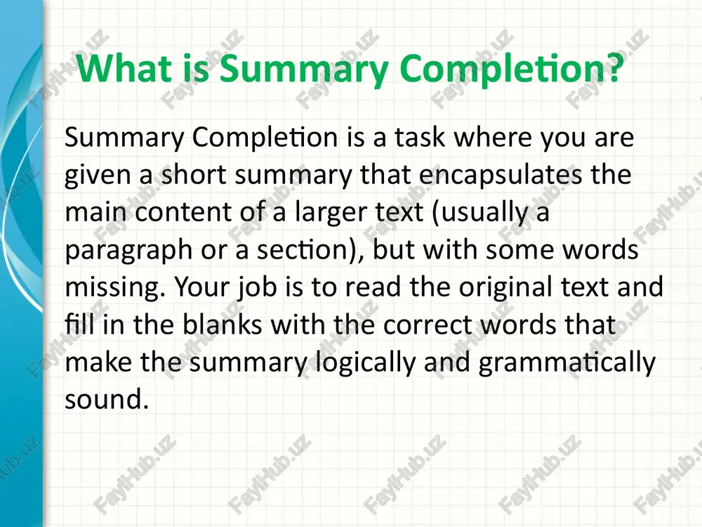 ispolzuyushix perexodi. 3 academic life 🎓 summarizing lectures, writing research abstracts, taking notes from textbooks. it helps you filter and synthesize large amounts of data into concise, usable notes. | professional life 💼 creating executive summaries, drafting meeting minutes, translating reports. essential for extracting the key facts and conveying the core message quickly and accurately. translation practice 🗣️ before translating, you must understand the main purpose and gist of the source text. it trains you to identify the kernel of meaning within a complex sentence, which is vital for quality translation. 4 ✨ why is this task so important for a translation student? summary completion is invaluable for your specialization because: 1. mastering paraphrasing (the essence of translation) * it forces you to see how the same idea can be expressed using different words (paraphrasing). as a translator, you are constantly turning the source text's expression into the target text's …