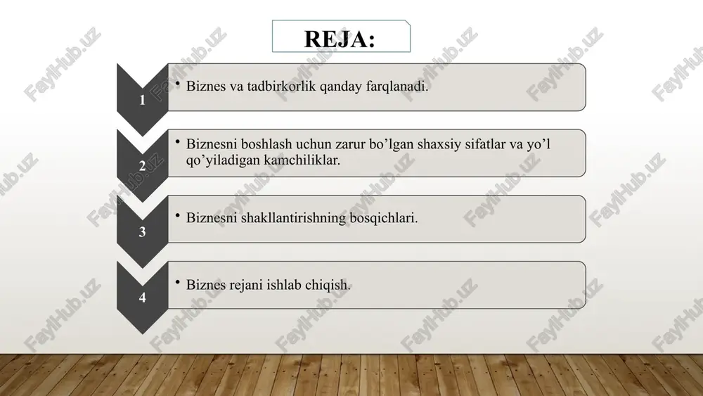 zga ishonishingiz va uni amalga oshirish uchun kuchli istakda bo'lishingiz kerak. intizom biznesni boshlash va rivojlantirish juda ko'p mehnat va vaqt talab qiladi. siz o'zingizni intizomli bo'lishingiz kerak. ijodkorlik biznesning o'ziga xos g'oyasi va uni amalga oshirishning original usullari bo'lishi kerak. xavf olish har qanday biznes xavflar bilan bog'liq. siz xavflarni baholash va qabul qilishga tayyor bo'lishingiz kerak. 8 raqobatchilarni tahlil qilish 1 kim? raqobat sizning biznesingiz uchun qanday xavf tug'diradi? 2 nima? ular qanday tovar yoki xizmatlarni taklif qilishadi? 3 qanday? ularning narx siyosati va marketing strategiyasi qanday? 4 qayerda? ularning faoliyat doirasi qanday? sizning biznesingizga ta'siri qanday? 9 marketing strategiyasini belgilash 1 1. maqsadli auditoriyani aniqlash kimga tovar yoki xizmatingizni sotishni xohlaysiz? 2 2. marketing kanallari sizning tovar yoki xizmatingizni qanday qilib maqsadli auditoriyangizga etkazish mumkin? 3 3. marketing xarajatlari marketing strategiyasini amalga oshirish uchun qanday mablag'lar kerak? 4 4. natijalarni o'lchash sizning marketing kampaniyalaringiz qanchalik samarali? 10 …