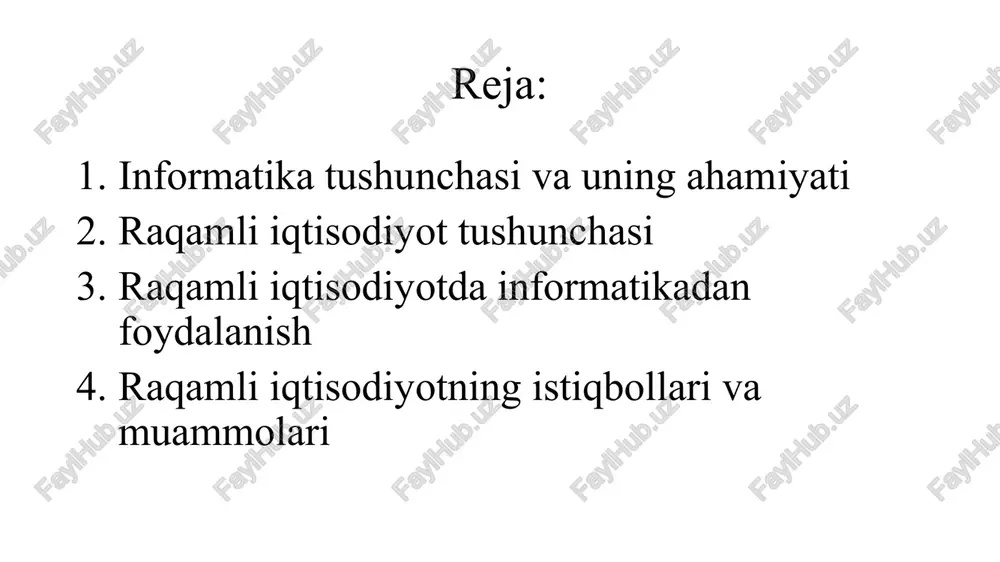 u an'anaviy iqtisodiyotga nisbatan iqtisodiy jarayonlarni tezlashtiradi, xarajatlarni kamaytiradi va yangi ish o‘rinlari tashkil etishga yordam beradi. shu bilan birga, raqamli iqtisodiyot odamlarning hayot tarzini o‘zgartirib, global miqyosda iqtisodiy integratsiyaga hissa qo‘shadi. raqamli iqtisodiyotning rivojlanishi va o‘zgarishlar hozirgi kunda raqamli iqtisodiyot iqtisodiy faoliyatlarning ko‘plab sohalarini qamrab oldi. elektron tijorat (e-commerce), raqamli moliya, onlayn xizmatlar va raqamli mahsulotlar kabi yangi yo‘nalishlar rivojlandi. dunyo miqyosida ko‘plab mamlakatlar iqtisodiy tizimlarini raqamlashtirish ustida ish olib bormoqda. texnologik innovatsiyalar va iqtisodiyotga ta’siri yangi texnologiyalar iqtisodiy jarayonlarni samaraliroq qiladi, xarajatlarni kamaytiradi va mijozlarga xizmat ko‘rsatishni yaxshilaydi. masalan, sun’iy intellekt yordamida avtomatlashtirilgan jarayonlar ish kuchini tejashga va tezkor qaror qabul qilishga yordam beradi. shuningdek, raqamli iqtisodiyot tadbirkorlikni osonlashtiradi va yangi imkoniyatlarni ochadi. raqamli iqtisodiyotda informatikadan foydalanish raqamli platformalar va ularning iqtisodiyotdagi o'rni bugungi kunda raqamli iqtisodiyotda raqamli platformalar juda muhim rol o‘ynaydi. masalan, elektron tijorat platformalari (walmart, alibaba) sotuvchilar va xaridorlarni bog‘laydi, moliyaviy texnologiyalar platformalari esa onlayn …