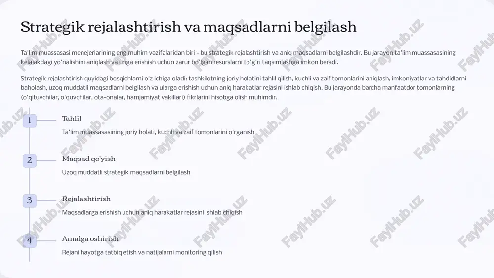 qilish 2 moliyaviy resurslarni boshqarish ta'lim muassasasi menejerlarining muhim vazifalaridan biri - moliyaviy resurslarni samarali boshqarishdir. bu nafaqat byudjetni rejalashtirish va nazorat qilish, balki qo'shimcha mablag'larni jalb qilish, xarajatlarni optimallashtirish va moliyaviy barqarorlikni ta'minlash ham demakdir. moliyaviy menejment jarayoni quyidagi asosiy yo'nalishlarni o'z ichiga oladi: byudjetni rejalashtirish, daromadlar va xarajatlarni prognoz qilish, moliyaviy hisobotlarni tayyorlash va tahlil qilish, soliq va buxgalteriya hisobini yuritish, investitsiya loyihalarini baholash va boshqarish. bundan tashqari, ta'lim muassasasi rahbarlari grant dasturlarini izlash va ularga ariza berish, xayriya mablag'larini jalb qilish kabi qo'shimcha moliyalashtirish manbalarini topish bo'yicha faol ishlashlari kerak. byudjetni rejalashtirish yillik va uzoq muddatli byudjetni tuzish, xarajatlar va daromadlarni prognoz qilish moliyaviy nazorat xarajatlarni monitoring qilish, moliyaviy hisobotlarni tahlil qilish, audit o'tkazish qo'shimcha mablag'larni jalb qilish grant dasturlarida qatnashish, xayriya loyihalarini amalga oshirish, hamkorlik aloqalarini o'rnatish 3 xodimlarni boshqarish va kadrlar salohiyatini rivojlantirish ta'lim muassasasining muvaffaqiyati ko'p jihatdan uning xodimlari malakasi va motivatsiyasiga bog'liq. shu …