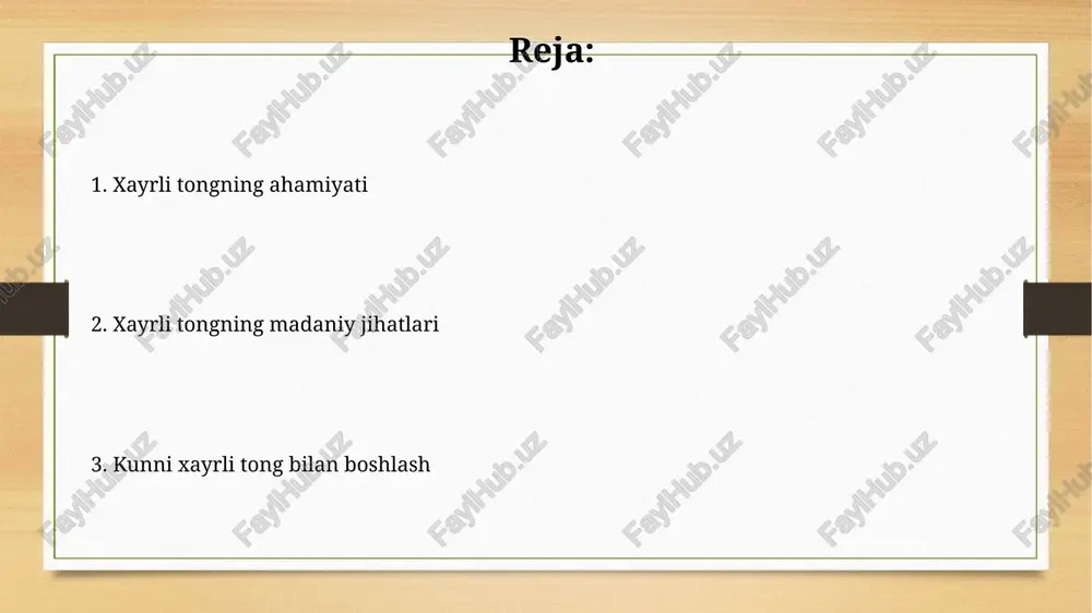 n odamlar o'rtasidagi ishonchni 25 % ga oshiradi. assalomu alaykum. biznesda qo'llanilishi "assalomu alaykum" biznesda hurmat va professionallikni namoyon etadi, ayniqsa, birinchi aloqada, bu ishonchni mustahkamlab, 90% hollarda muzokaralarni ijobiy boshlashga yordam beradi. ushbu salomlashuv, ayniqsa xalqaro biznesda, o'zbekiston madaniyatiga hurmatni ko'rsatadi va 75% hollarda mahalliy hamkorlar bilan aloqalarni osonlashtirib, kelishuv ehtimolini oshiradi. assalomu alaykum. xulosa "assalomu alaykum. xulosa" iborasi odatda nutq so'ngida qo'llaniladi, suhbatning 90% qismini yakunlash va hurmat bilan xayrlashish ma'nosini anglatadi. bu ibora "sizga tinchlik bo'lsin. xulosa" degan ma'noni bildiradi va odatda musulmonlar orasida 100% samimiy va hurmatli munosabatni ifodalash uchun ishlatiladi. e'tiboringiz uchun rahmat image7.png image8.jpg image9.jpg image10.jpg image11.jpg image12.jpg image13.jpg image3.png image4.png