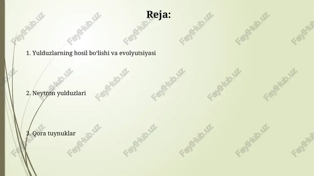 sqichi protostellar bosqichda, gaz va chang buluti gravitatsiyaviy tortishish ta'sirida yigʻilib, 10-100 quyosh massasiga teng boʻlgan yadro hosil qiladi. protostellar bosqichning davomiyligi yulduzning massasiga bogʻliq boʻlib, oʻrtacha 10 million yilni tashkil qiladi, bu davrda yulduz oʻzining yakuniy tuzilmasini hosil qiladi. yulduzlarning hosil boʻlishi va evolyutsiyasi yulduzlarning hosil boʻlishi gigant molekulyar bulutlarning tortishish kuchi taʼsirida yigʻilishi natijasida boshlanadi, bu jarayon 106-107 yillar davom etadi va protoyulduz hosil boʻlishiga olib keladi. ogʻir yulduzlar (quyosh massasidan 8 marta kattaroq) oʻz hayotining oxirida supernovalar portlashi orqali oʻladi, bu jarayonda neytron yulduzlari yoki qora tuynuklar hosil boʻladi. e'tiboringiz uchun rahmat @taqdimot_robot image1.jpg image2.jpg image3.jpg image4.jpg image5.jpg image6.jpg image7.jpg