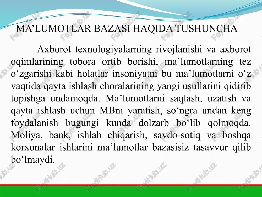 lumotlar bazasi haqida tushuncha ma’lumotlar bazasini boshqarish tizimi (mbbt) -bu dasturiy va apparat vositalarining murakkab majmuasi bo‘lib, ular yordamida foydalanuvchi ma’lumotlar bazasini yaratish va shu bazadagi ma’lumotlar ustida ish yuritishi mumkin. juda ko‘p turdagi mbbt mavjud. ular o‘z maxsus dasturlash tillariga ham ega bo‘lib, bu tillarga subd buyruqli dasturlash tillari deyiladi. mbbtga access, sql, oracle, clipper, paradox, foxpro, sqlite va boshqalarni misol keltirish mumkin. 5 sqlite haqida umumiy tushuncha sqlite — bu yengil, o‘rnatiladigan (server talab qilmaydigan), ma’lumotlar bazasi boshqaruv tizimi. sqlite:python ichida sqlite3 moduli orqali foydalaniladi. kichik va o‘rta loyihalar uchun juda qulay va tezkor hisoblanadi. ma’lumotlar .db yoki .sqlite faylida saqlanadi. sql (structured query language) orqali so‘rovlar amalga oshiriladi. 6 ma’lumotlar bazasi haqida tushuncha ma’lumotlar bazasi tushunchasi maydon, yozuv, fayl (jadval) kabi elementlar bilan chambarchas bog‘liq . maydon-bu ma’lumotlarni mantiqiy tashkil etishni elementar birligi bo‘lib, u axborotni eng kichik va bo‘linmas birligi bo‘lgan rekvizitga mos keladi. maydonni tasvirlash …