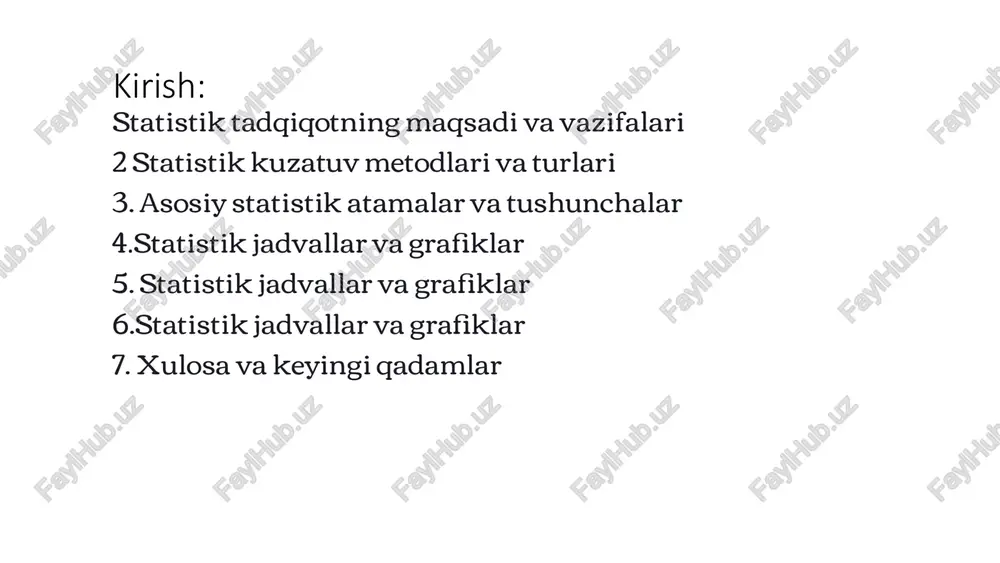 sh va o'lim qaydnomalari) olib boriladi. hajmi: to'liq va tanlanma to'liq kuzatuv to'plamning barcha birliklarini qamrab oladi. tanlanma kuzatuv esa faqat uning bir qismini o'rganadi, ammo natijalar umumiy to'plamga tarqatiladi. ma'lumot yig'ish usuli: so'rov, hujjatli, ro'yxatga olish ma'lumotlar shaxsiy so'rovlar, rasmiy hujjatlarni o'rganish yoki maxsus ro'yxatga olish orqali yig'ilishi mumkin. 5 asosiy statistik atamalar va tushunchalar statistik to'plam o'rganilayotgan hodisalarning barcha birliklarini o'z ichiga olgan umumiylik (populyatsiya). to'plam birligi statistik to'plamning ajralmas, eng kichik elementi (masalan, bir fuqaro, bir korxona). statistik belgi to'plam birligini tavsiflovchi xususiyat (masalan, yosh, daromad, jins). statistik ko'rsatkich o'rganilayotgan belgining miqdoriy ifodasi, ma'lumotlarni jamlash natijasi. statistik tushunchalarni aniq tushunish, har qanday tahlilning to'g'ri va samarali bo'lishi uchun fundamental ahamiyatga ega. 6 statistik jadvallar va grafiklar guruhlash — statistik toʻplam birliklarini ular uchun muhim boʻlgan belgilar boʻyicha bir xil guruhlarga ajratish jarayoni. yigʻindilash guruhlash maʼlumot yigʻish 1 tipologik guruhlash sifat jihatidan bir xil turlarni (tiplarni) ajratish. 2 …