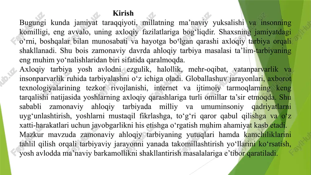 ni hisobga olish kerak: birinchidan, oilaning imkoniyatlari ob'ektiv ravishda cheklangan; ikkinchidan, zamonaviy oila, bir qator sabablarga ko'ra, ko'pincha bolaga ijobiy ta'sir ko'rsatishning pedagogik salohiyatini amalga oshira olmaydi. ma’naviy-axloqiy tarbiya vazifasi oilaviy tarbiyaning asosiy vazifasidir. ma’naviy-axloqiy tarbiya vazifasi oilaviy tarbiyaning asosiy vazifasidir. ma'naviy-axloqiy tarbiya deganda biz shaxsning asosiy madaniyatining asosi bo'lgan bolaning ma'naviy-axloqiy sohasini shakllantirishga maqsadli yordam berish jarayonini tushunamiz. bu holda ta'limning ma'naviy tarkibiy qismi bolaga qadriyatlar va ideallar tizimini o'zlashtirishga, shuningdek, ma'lum bir shaxsiy dunyoqarash pozitsiyasini shakllantirishga yordam berishdir. axloqiy komponent bolaning ijtimoiy faoliyatidagi mafkuraviy (mazmunli) pozitsiyasini aks ettiruvchi his-tuyg'ular, munosabatlar va xulq-atvorni rivojlantirishga yordam berishga qaratilgan: boshqa odamlar va xudo dunyosi bilan munosabatlarda. ma’lumki, ma’naviy-axloqiy tarbiyaning asosini bola yashaydigan, uning shakllanishi va rivojlanishi sodir bo’ladigan muhitning ma’naviy madaniyati tashkil etadi. avvalo, bu oila va ta’lim muassasasining ma’naviy madaniyati oila tarbiyasidagi kamchilik va kamchiliklarning o‘rnini qoplash funksiyasini o‘z zimmasiga olishga majbur. bolaning ichki dunyosini shakllantirishda oila va bog‘chada, maktabda, …