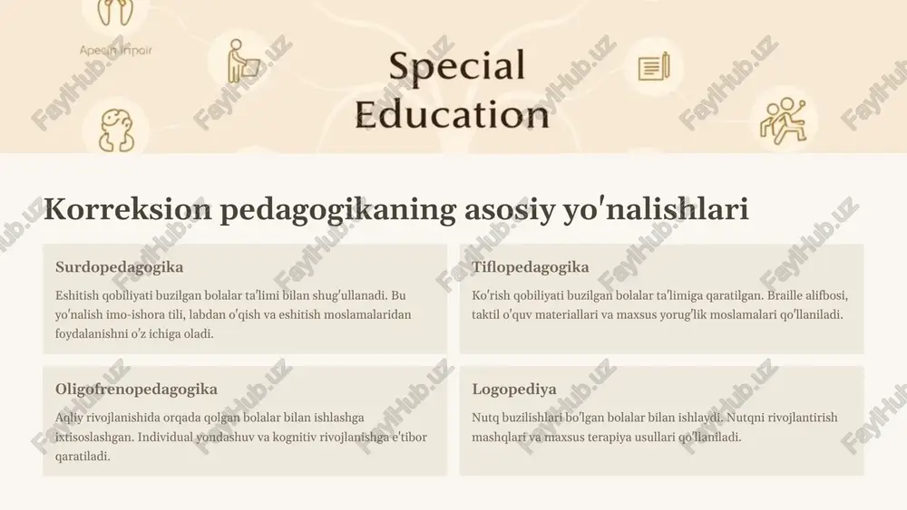 n pedagogika alohida fan sifatida shakllandi. lev vygotskiy, maria montessori kabi olimlar bu sohaga katta hissa qo'shishdi. 3 korreksion pedagogikada diagnostika va baholash dastlabki diagnostika bolaning rivojlanish darajasini aniqlash uchun kompleks tekshiruv o'tkaziladi. bu jarayonda tibbiy, psixologik va pedagogik usullar qo'llaniladi. tibbiy ko'rik, psixologik testlar va kuzatuvlar orqali bolaning individual xususiyatlari aniqlanadi. muntazam baholash o'quv jarayonida bolaning yutuqlari va qiyinchiliklari muntazam ravishda kuzatib boriladi. bu baholash natijalariga ko'ra, o'quv dasturi va yondashuv moslashtiriladi. baholash jarayonida bolaning akademik ko'rsatkichlari, ijtimoiy moslashuvi va mustaqil hayot ko'nikmalarining rivojlanishi inobatga olinadi. korreksion dastur tuzish diagnostika va baholash natijalariga asoslanib, har bir bola uchun individual korreksion dastur ishlab chiqiladi. bu dastur bolaning kuchli tomonlari va ehtiyojlariga moslashtirilgan bo'lib, aniq maqsad va vazifalarni o'z ichiga oladi. dastur muntazam ravishda qayta ko'rib chiqiladi va zarur o'zgartirishlar kiritiladi. 4 korreksion pedagogikada qo'llaniladigan asosiy usullar 1 individuallashtirish har bir o'quvchining o'ziga xos xususiyatlari va ehtiyojlarini hisobga olgan holda o'quv …