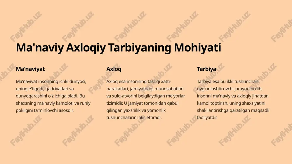 nlashtiruvchi jarayon bo'lib, insonni ma'naviy va axloqiy jihatdan kamol toptirish, uning shaxsiyatini shakllantirishga qaratilgan maqsadli faoliyatdir. 3 ma'naviy axloqiy tarbiyaning asosiy tamoyillari 1 milliy qadriyatlarga sodiqlik o'zbek xalqining ko'p asrlik an'analari, urf-odatlari va ma'naviy merosiga tayanish, ularni zamonaviy hayot bilan uyg'unlashtirish. 2 insonparvarlik har bir insonning qadr-qimmatini hurmat qilish, o'zaro yordam va hamjihatlikni targ'ib qilish, jamiyatda mehr-oqibat muhitini yaratish. 3 ma'rifatparvarlik ilm-fan va ma'rifatni ulug'lash, uzluksiz ta'lim va o'z ustida ishlash g'oyalarini singdirish, kitobxonlik madaniyatini rivojlantirish. 4 vatanparvarlik vatanga muhabbat va sadoqat tuyg'ularini shakllantirish, milliy g'urur va iftixor hissini tarbiyalash, yurt ravnaqi yo'lida fidoyilikka undash. 4 oilada ma'naviy axloqiy tarbiya 1 yosh bolalik davri (0-6 yosh) bu davrda ota-onalar farzandlariga mehr-muhabbat ko'rsatish, ularning ehtiyojlarini to'g'ri anglash va qondirish orqali ishonch muhitini yaratishlari muhim. oddiy axloq qoidalari, xushmuomalalik va mehnatsevarlik kabi fazilatlar o'rgatila boshlaydi. 2 maktab yoshi (7-17 yosh) maktab yoshida bolalarga milliy qadriyatlar, axloq me'yorlari chuqurroq o'rgatiladi. oilada kitob o'qish, …