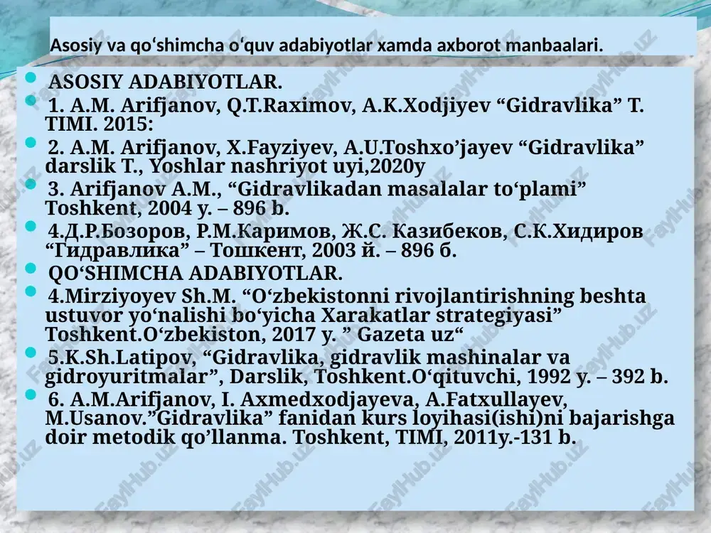liq ekan. ko`rinishdagi miqdorni gidravlikada  bilan belgilanadi: ishqalanish qarshiligi koeffiisiyenti deb ataladi. energiyaning yo`qolishi deb xam ataladi. darsi - veysbax formulasi bilan hisoblanadi. laminar harakat vaqtida quvur uzunligi bo`yicha naporning pasayishi gidravlik qiyalik solishtirma kinetik energiyaga shiziqli bog`liq ekan ishqalanish qarshiligi koeffitsenti λ ning reynolds soniga bog’liqligini olimlar empirik formulalar keltirgan puazeyl’, blazius,p.k.konakov ,l. prandtl , , shifrinson va boshqalar koeffitsentning hususiyatlari haqida eng to’liq ma’lumot olishga va uning gadir-budirlikka bog’liqligini 1933 yilda i.nikuradze tomonidan o’tkazilgan tajribalar imkon beraoladi. suyuqlik harakatning laminar tartibida gidravlik ishqalanish koeffisiyenti - darsi koeffisenti gidravlik ishqalanish koeffisiyenti trubaning uzunligiga to`g`ri proporsional, diametiriga teskari proporsional ekan suyuqlik harakatning turbulent tartibida gidravlik ishqalanish koeffisiyentini nazariy usul bilan shiqarib bo`lmagan. u emperik yoki yarim emperik usullarda aniqlanadi  yahlit hisoblarda quvur diametri 500 millimetrdan ( ) kichik bo’lganda ishqalanish koeffitsientini empirik formula orqali hisoblash mumkin ushbu formula orqali ishqalanish koeffitsientini hisoblashda diametrni (d) metrda olish talab etiladi. …
