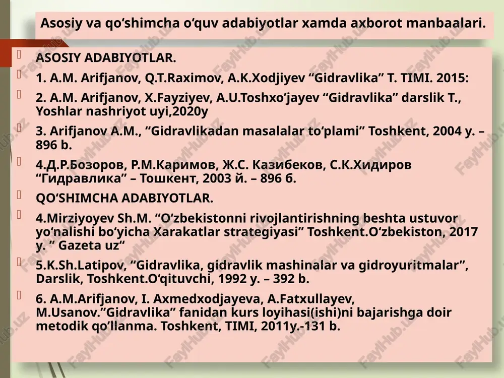 avsiflarni aniqlash masalasi 1.tashqi masala: suyuqlik oqimiga ta’sir etayotgan tashqi kuchlarini aniqlash masalasi gidrodina mik bosim(p)- harakatdagi suyuqlik nuqtasidagi ichki bosim suyuqlik zarrachalarining tezligi (v) - zarrachaning fazodagi harakatni o’zgarish tezligi suyuqlik oqimining gidrodinamik tavsiflari tezlik va bosim maydonlari vaqt o’tishi bilan o’zgarib boradi harakatga mos keluvchi tezlik to’plamlariga tezlik maydoni deb ataladi tezlik va bosim maydonlari. bosim vektorlaridan iborat bo’lgan to’plamga bosim maydoni deb ataladi suyuqlik oqimining harakat turlari barqaror harakat p = f (x, y, z) u = f (x, y, z) beqaror harakat p = f (x ,y ,z ,t) u = f (x ,y ,z, t) notekis harakat bosimli bosimsiz suyuqlik harakatining oqimchali modeli elementar oqimcha oqim chizig’i traektoriya oqim naychasi traektoriya traektoriya deb vaqt t ichida suyuqlik zarrachasini qoldirgan iziga aytiladi oqim chizig’i oqim naychasi , oqimcha dl1, dl2, dl3 lar cheksiz kichraytirib borilsa, nolga intiltirilsa, absde o’rnida egri chiziq olinadi. ushbu egri chiziq oqim …