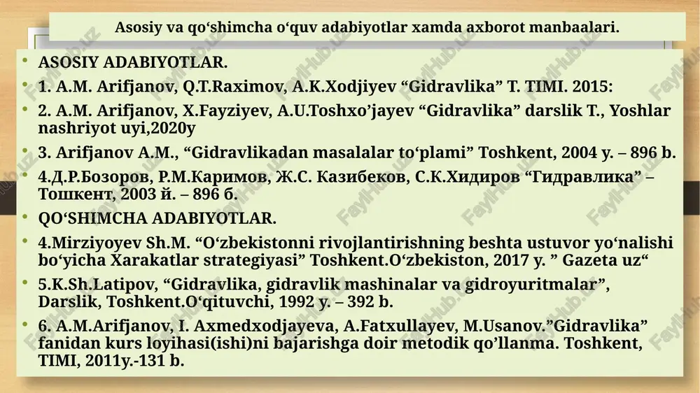 mavjuddir ideal suyuqliklar ushun harakat tenglamasi-eyler tenglamasi suyuqlik harakat qilayotgan fazoda tomonlari dx, dy, dz bo`l­gan elementar hajm ajratib olamiz. suyuqlik harakatda bo’l­ganligi sababbosim kushlaridan tashqari inersiya kushlari ham mavjuddir, u holda hajmga ox, oy, oz o`qlari yo`nalishida ta'sir etuvshi kushlar gidrostatikada suyuqliklar asosiy ten­g­lamasini shiqarganimizdagidek ifodalanadi. dalamber prinsipidan foydalanib birlik massaga ta'sir etuvchi inersiya kushlarining teng ta'sir etuvshisi x, y va z o`qlariga quyidagi proeksiyalarga ega bo’ladi: birlik massaga ta'sir etuvchi bosim kuchlarining teng ta'sir etuvchilari ideal suyuqliklar harakatining differensial tenglamasi- eyler tenglamasi biror o`q yonalishi boyicha birlik massaga ta'sir etuvchi inersiya kushlarining o’zgarilishi ushbu o`q yonalishi boyicha birlik massaga ta'sir etuvchi bosim kuchlari hamda og`irlik kuchlariga bog’liq (1755 y) eyler tenglamasi deb yuritiladi. eyler tenglamasi bernulli tenglamasini keltirib shiqarish bernulli tenglamasini keltirib shiqarish 2-usul: kinetik energiyaning o`zgarish qonunidan foydalanib 1-usul: eyler tenglamasidan foydalanish yo`li bilan eyler tenglamasidan foydalanib bernulli tenglamasini keltirib shiqarish eyler sistemaning birinshi tenglamasini dx ga, …
