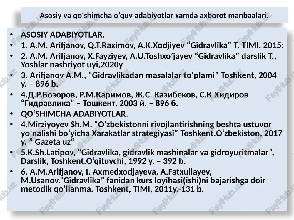 likning notekis harakati. suyuklik sathining turi (ko’tarilma erkin egri suv sathning turi) kanal tubi nishabligining turlari to’g’ri nishabli kanal і>0 teskari nishabli kanal і 0) oqimning notekis harakati chuqurlik o’zgarishi hisobiga vujudga kelar ekan notsilindrik o’zanlar: - notsilindrik kengayuvchi o’zanlar; - notsilindrik torayuvchi o’zanlar ; ushbu o’zanlarda oqim faqat notekis harakatda bo’lib, kanal tubining kengligi o’zgarilishi hisobiga vujudga keladi. suv oqimining notekis harakatida erkin sirti holatlarini o’rganish masalalari va ularni hal qilish yo’llari asosiy masalalar - erkin egri sirt egriligi (ab) berilgan holda suvning ihtiyoriy chuqurligini aniqlashsh - (ab) erkin egri sirt shakli bilgan holda, uning uzunlugi hamda qurilayotgan to’g’on ta’sirida kanal qirg’og’ining suv bosish qismi va maydonini aniqlash. suv oqimining notekis harakatida erkin sirti holatlarini o’rganish masalalari va ularni hal qilish yo’llari masalalarni yechish yo’llari: 1- o’zanning shakli, geometrik o’lchamlari, o’zan tubining nishabligi, sarf va chuqurligi berilgan holda erkin egri sirtning uzunligi aniqlanadi. 2- notekis oqim harakatining differentsial tenglamasi …