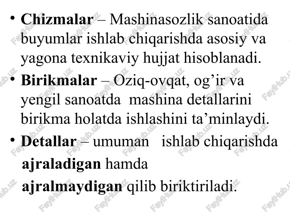 iladi. plashka va metchik oldindan tayyorlannan sterjen va teshikga rezba kesish uchun qo’llaniladi. ajraladigan birikmalarga: boltli,shpilkali,vintli, shlitsali va shponkali birikmalar kiradi. ajraladigan birikmalar ikki turli ya’ni: qo’zg’aladigan va qo’zg’almaydigan birikmalardan iborat. qo’zg’aladigan birikmalarga: shlitsali va shponkali birikmalar kiradi. qo’zg’almaydigan birikmalarga: boltli, shpilkali va vintli birikmalar kiradi bolt – bu rezbali silindrik sterjen va kallakdan iborat detaldir. odatda muntazam olti burchakli kallakning yuqorigi qismi 300 burchakli faska, sterjenning uchi esa 450 burchakli faska bilan tugallanadi. ishlatilishiga qarab, asosan boltlar yuqori, normal va past aniqlikda tayyorlanadi. bolt, gayka va shayba boltning birikma xolatda ko’rinishi. shpilkalarga ikki tomonlama rezba ochiladi. shpilkaning har ikki tomoniga rezba ochiladi. shpilka uyasi va birikma holda ko’rinishi qo’zg’aladigan birikmalar shponkali birikma: aylanma harakatni valdan shkivga, tishli g’ildirakka, maxovikka uzatish uchun foydalaniladi.shponka ikki detalning o’yiq joyiga o’rnatiladi, va ularni bir-biriga nisbatan harakatlanishini ta’minlaydi.shponka o’zining tuzilishi ga qarab ponasimon, prizmatik va segmentsimon turlarga bo’linadi. shponkalar 1-ponasimon, 2- prizmatik, 3-segmentli ko’rinishda …