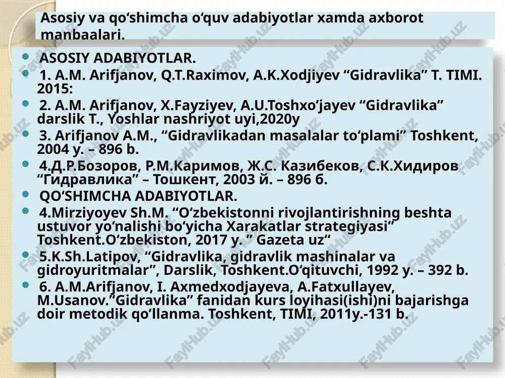 tri,m ν -ko‘rilayotgan suyuqlikning kinematik qovushqoqlik koeffitsienti, m2/c v - o‘rtacha tezlik d - quvurning ichki diametri m sm2/s - kinematika qovushqoqlik koeffitsienti - gidravlik radius, m - suv chuqurligi,m turli-xil ko‘ndalang kesimli ochiq va yopiq o‘zanlar uchun reynolds sonini aniqlash formulalari: n.n.pavlovskiy formulasi i.i.agroskin formulasi maning formulasi forxgeymer formulasi harakatdagi oqimining sarf koeffitsienti- shezi koeffitsientini aniqlash n-g‘adir budurlik koeffitsienti bo‘lib tuproq turi, quvurlar qorishmalari turi, o‘zanlar ishlash sharoitiga bog‘liq gidravlika fani darsliklari va uslubiy ko‘rsatmalari maxsus jadvallaridan qabul qilinadi. oqim harakatining tartiblari laminar tartib o‘tkinchi tartib turbulent tartib tartibli beqaror tartibsiz-to‘lqinsimon barqaror tartibsiz reynolds soni kritik reynolds soni quvurlar uchun ochiq o‘zanlar uchun oqim tartiblari laminar barqarorlashgan turbulent o‘tkinchi nazorat savollari 1. reynolds moslamasini tushuntirib bering 2. suyuqliklarning necha hil harakat tartiblari mavjud va ularning farqini tushuntiring 3. reynolds soninig kritik qiymati. harakat tartiblari uchun reynolds sonining qiymatlari e’tiboringiz uchun raxmat ma’ruzachi: katta o’qituvchi d.a.saidxodjayeva. image2.jpeg image3.jpeg image4.wmf oleobject1.bin …