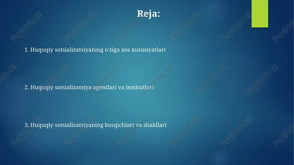shakllantirish orqali huquqiy onglilikni oshiradi. maktablarda huquqiy ta'limning 1-11 sinflarida joriy etilishi, o'quvchilarga 20 dan ortiq huquqiy tushunchalarni o'rgatadi, qonun ustuvorligini anglashlariga yordam beradi. ommaviy axborot vositalarining huquqiy sotsializatsiyadagi roli ommaviy axborot vositalari huquqiy normalarni 15-20% koʻproq targʻib qiladi, huquqiy savodxonlikni oshirib, jamiyatda qonun ustuvorligini mustahkamlaydi, xususan, yoshlar auditoriyasida. televideniye va radiokanallar orqali huquqbuzarliklar haqida 30 daqiqalik koʻrsatuvlar aholining huquqiy ongi shakllanishiga sezilarli taʼsir koʻrsatadi, ogohlantiruvchi xabar beradi. do'stlar va tengdoshlarning huquqiy sotsializatsiyadagi roli do'stlar va tengdoshlar guruhlari 14-18 yoshda huquqiy normalarni shakllantirishda katta ta'sir ko'rsatadi, ayniqsa, rasmiy qoidalar haqida ma'lumot kam bo'lganda. tengdoshlar o'rtasidagi munosabatlar, ayniqsa zo'ravonlik yoki adolatsizlik holatlarida, huquqiy ongni rivojlantiradi va 75% hollarda shaxsiy huquqiy pozitsiyani shakllantiradi. huquqiy sotsializatsiyaning ijobiy va salbiy oqibatlari ijobiy: huquqiy ongga ega shaxslar, qonun ustuvorligini 75% ga qo'llab-quvvatlaydi, jamiyatda barqarorlik va qonunbuzarlik darajasini kamaytirishga xizmat qiladi. salbiy: haddan tashqari qonunga ishonish, ijodiy yechimlarni 20% ga cheklashi mumkin, qonunlarning adolatsizligiga passiv munosabatni …