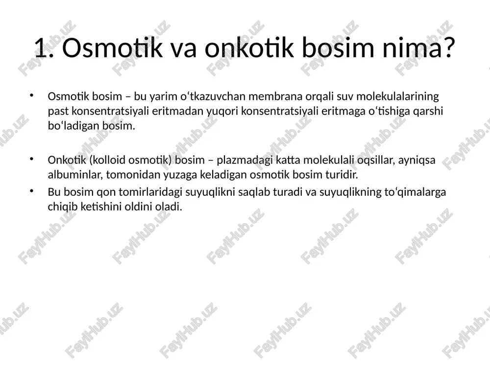 mm hg → suyuqlik chiqadi (filtratsiya) kapillyar venoz uchi: - gidrostatik bosim: ~15 mm hg - onkotik bosim: ~28 mm hg - natija: suyuqlik kapillyarga qaytadi (reabsorbsiyalanadi) 5. klinik holatlar va ahamiyati a) albumin kamayganda: - onkotik bosim tushadi - suv to‘qimaga chiqadi - o‘dem, assit, plevral suyuqlik paydo bo‘ladi b) sabablari: - jigar yetishmovchiligi (albumin sintezi kamayadi) - nefrotik sindrom (albumin siydikda yo‘qotiladi) - protein defitsiti (masalan: ochlik) xulosa albumin – bu qonning onkotik bosimini saqlovchi asosiy oqsil bo‘lib, u kapillyar-darajadagi suv almashinuvini muvozanatlash orqali suyuqlikning qon tomir ichida qolishini ta'minlaydi. bu orqali shishlarning oldi olinadi va gomeostaz saqlanadi. /docprops/thumbnail.jpeg