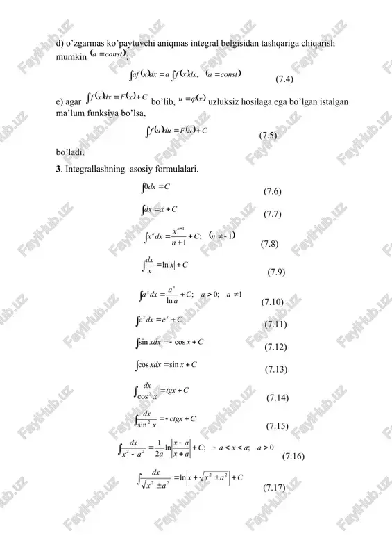 lashning mohiyati shundan iboratki, integralni asosiy integrallash formulalarining birortasi oson integrallanadigan integralga keltirishdan iboratdir. faraz qilamiz, o’rganiladigan oraliqda uzluksiz, differensiallanuvchi funksiya bo’lsin, u holda . (7.25) yangi o’zgaruvchi ga nisbatan integral topilgandan so’ng o’rniga qo’yish yordamida uni o’zgaruvchiga keltiriladi. bo’laklab integrallash. tenglikning ikkala tomonini integrallab, quyidagini hosil qilamiz: bu yerdan (7.26) ratsional kasrlarni integrallash. rastsional kasr deb ko’rinishidagi kasrga aytiladi, bu yerda va mos ravishda va darajali ko’phadlar. agar bo’lsa, ratsional kasr to’g’ri , bo’lsa noto’g’ri kasr deyiladi. har qanday noto’g’ri ratsional kasrni maxrajga suratni bo’lish orqali ko’phad to’g’ri rasional kasr yig’indisi ko’rinishida tasvirlash mumkin. shuning uchun ratsional kasrlarni integrallash to’g’ri ratsional kasrlarni integrallashga keltiriladi. to’g’ri ratsional kasrni integrallash uchun uni eng sodda ratsionallar yig’indisi ko’rinishida bu yerda va -o’zgarmas haqiqiy sonlar; - butun musbat sonlar eng sodda ratsional kasrlardan tashkil topgan integrallarni hisoblash. 1) birinchi turdagi eng sodda ratsional kasrlar: 2) ikkinchi turdagi eng sodda ratsional kasrlar: 3) uchinchi …