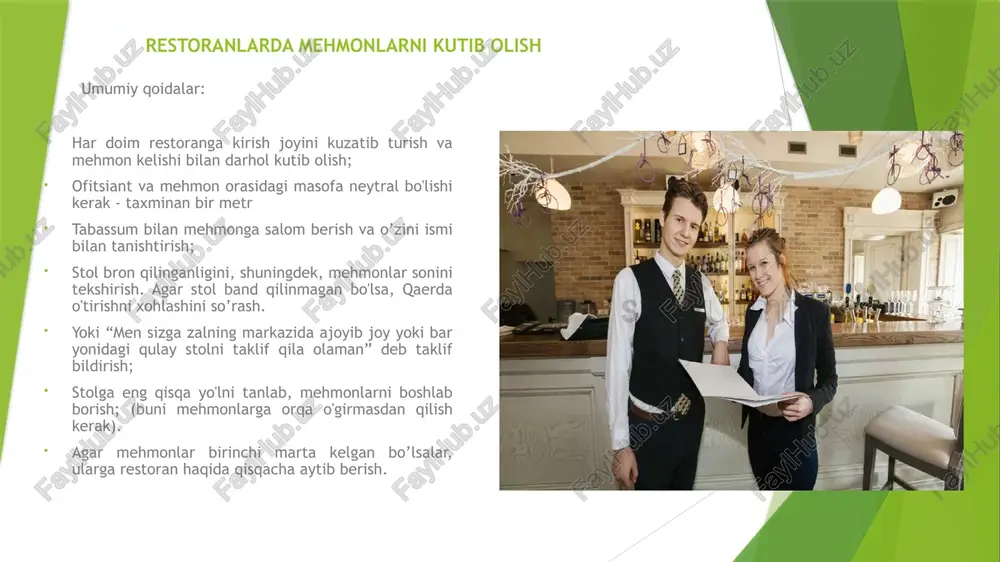 rtma olish: mehmonlar stolga o’rnashib olganlaridan keyin ichimliklar taklif qilish; mehmonlarning har biridan navbat bilan buyurtma qabul qilinadi; mehmonlar so’raganda ma’lum ovqatlar to’g’risida ma’lumot beriladi. buyurtma barga yetkaziladi ichimliklar tortiladi mijozlar shikoyatlariga munosabat bildirish birinchi qadam kechirim so'rash va mijozni sodir bo'lgan voqeadan juda afsusda ekanligingizga ishontirishdir; tinglash - mijoz gapirganda, diqqat mijozga qaratilishi kerak. boshqa barcha mas'uliyatlar qoldiriladi. mijoz shikoyat bilan yakunlashiga imkon berish va xulosalar qilishga shoshilmaslik.; muammoning yechimini taklif qilish, yolg'on va'dalar bermaslik. agar buning iloji bo'lmasa, muammoni hal qilish uchun hamma narsa qilinishiga va'da berish. rahbariyatga hisobot berish, muammo hal qilinish jarayonini kuzatib boorish; muammo hal bo’lganini mijozga habar berish; boshqa bunday muammolarni oldini olish barlarning turlari restoran bar ushbu turdagi bar restoranning ajralmas qismi bo'lib, restoran mijozlariga ham, barga maxsus tashrif buyurgan mijozlarga ham xizmat qiladi. bunday bar tomonidan taklif qilinadigan ichimliklar assortimenti ham bevosita restoranning umumiy kontseptsiyasiga bog'liq - juda yuqori darajadagi muassasalarda bu …