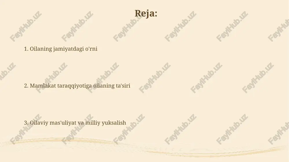 om oila – sog'lom jamiyat" konsepsiyasi demografik barqarorlikni ta'minlash va aholi salomatligini oshirish uchun muhim ahamiyatga ega, 2030 yilgacha mo'ljallangan strategik maqsadlar bilan. o'zbekistonda "sog'lom oila – sog'lom jamiyat" yili doirasida 150 dan ortiq tibbiy-ijtimoiy loyihalar amalga oshiriladi, bu oilalarga kompleks yordam ko'rsatishga qaratilgan. milliy qadriyatlar va oilaviy an'analar milliy qadriyatlar avloddan avlodga oʻtadi, masalan, navroʻz bayrami 21-martda nishonlanib, 3000 yillik tarixga ega boʻlib, birdamlikni mustahkamlaydi. oilaviy an'analar, xususan, 'beshik to'yi' marosimi, yangi tug'ilgan chaqaloqning hayotida muhim o'rin tutadi va 40 kun davomida o'tkaziladi. har bir oilaning hissasi: amaliy misollar oilaviy biznes, masalan, nonvoyxona, mahalliy iqtisodiyotga 10 dan ortiq ish o'rinlari yaratib, aholi daromadini oshiradi va soliq tushumini ko'paytiradi. farzandlarning ta'lim olishi, 85% oliy ma'lumotli oilalarda davlat rivojlanishiga qo'shgan hissasi yuqori malakali mutaxassislar yetishtirishga yordam beradi. xulosa va chaqiriq har bir oila mamlakatning 0.00001 foizini tashkil etadi, shuning uchun har bir oilaning farovonligi mamlakat taraqqiyotiga 100 foiz ta’sir qiladi, bu …