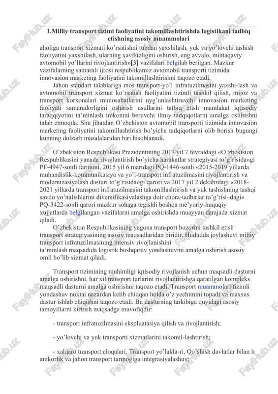 foizi, ishlab chiqarish fondlarining 15 foizi va mehnatga band bo’lganlarning 4 foizi to’g’ri keladi[2]. ammo avtomobil transporti tizimida rentabellik darajasining pastligi, uning aholi salomatligi va ekologiyaga ta’siri talab darajasida emasligi, shuningdek, iqtisodiyotning real sektorlarida transport xarajatlari ulushining yuqoriligi, hududlarning yo’l tarmoqlari va infratuzilma obyektlari bilan notekis ta’minlanishi aholi va iqtisodiyot tarmoqlarining transport xizmatlariga bo’lgan talablarini baho va sifat jihatdan qondira olmayapti. shu boisdan, samarali va iste’molchilarga yo’naltirilgan transport xizmatlarini ko’rsatish uchun avtomobil transporti tizimida innovasion marketing faoliyatini takomillashtirish zaruriyatini keltirib chiqaradi. o’zbekiston respublikasini rivojlantirishning 2017-2021 yillarga mo’ljallangan harakat strategiyasida «xizmat ko’rsatish sohasini jadal rivojlantirish, shuningdek, aholiga transport xizmati ko’rsatishni tubdan yaxshilash, yuk va yo’lovchi tashish faoliyatini yaxshilash, ularning xavfsizligini oshirish, eng avvalo, mintaqaviy avtomobil yo’llarini rivojlantirish»[3] vazifalari belgilab berilgan. mazkur vazifalarning samarali ijrosi respublikamiz avtomobil transporti tizimida innovasion marketing faoliyatini takomillashtirishni taqozo etadi. jahon standart talablariga mos transport-yo’l infratuzilmasini yaxshi-lash va avtomobil transport xizmat ko’rsatish faoliyatini tizimli tashkil qilish, mijoz …