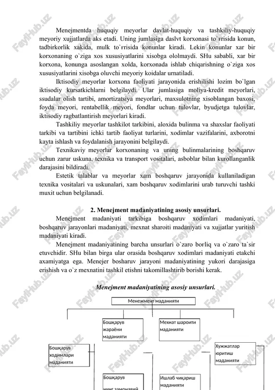 adi. ular jumlasiga ijtimoiy burchni to`g'ri tushunish, kishi urtasida insoniy munosabat va o`zaro xurmat, vijdonlilik, xakikatguylik, kamtarlik va x.k.lar kiradi. boshqaruv jaaryonida axlokiy meyorlarga rioya qilish uning madaniyati yukori darajasidan dalolat beradi. menejmentda huquqiy meyorlar davlat-huquqiy va tashkiliy-huquqiy meyoriy xujjatlarda aks etadi. uning jumlasiga daslvt korxonasi to`g'risida konun, tadbirkorlik xakida, mulk to`g'risida konunlar kiradi. lekin konunlar xar bir korxonaning o`ziga xos xususiyatlarini xisobga ololmaydi. shu sababli, xar bir korxona, konunga asoslangan xolda, korxonada ishlab chiqarishning o`ziga xos xususiyatlarini xisobga oluvchi meyoriy koidalar urnatiladi. iktisodiy meyorlar korxona faoliyati jarayonida erishilishi lozim bo`lgan iktisodiy kursatkichlarni belgilaydi. ular jumlasiga moliya-kredit meyorlari, ssudalar olish tartibi, amortizatsiya meyorlari, maxsulotning xisoblangan baxosi, foyda meyori, rentabellik meyori, fondlar uchun tulovlar, byudjetga tulovlar, iktisodiy ragbatlantirish meyorlari kiradi. tashkiliy meyorlar tashkilot tarkibini, aloxida bulinma va shaxslar faoliyati tarkibi va tartibini ichki tartib faoliyat turlarini, xodimlar vazifalarini, axborotni kayta ishlash va foydalanish jarayonini belgilaydi. texnikaviy meyorlar korxonaning va uning bulinmalarining …