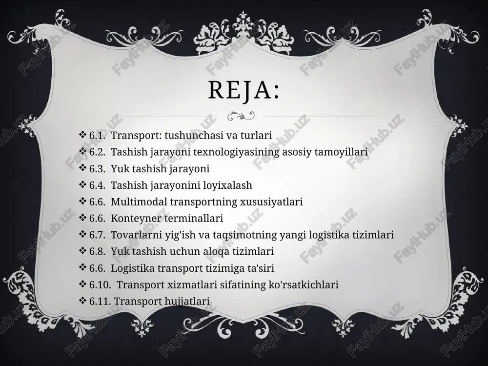 iqarish bilan birgalikda rejalashtirish; har xil transport turlarida transport jarayonlarini birgalikda rejalashtirish (multimodal transport sharoitida); transport va ombor jarayonining texnologik birligini ta’minlash; yetkazib berishning oqilona yo'nalishlarini aniqlashtransport vositalarining turini tanlash; transport jarayonini ombor va ishlab chiqarish bilan birgalikda rejalashtirish; har xil transport turlarida transport jarayonlarini birgalikda rejalashtirish (multimodal transport sharoitida); transport va ombor jarayonining texnologik birligini ta’minlash yetkazib berishning oqilona yo'nalishlarini aniqlashtransport vositalarining turini tanlash; transport jarayonini ombor va ishlab chiqarish bilan birgalikda rejalashtirish; har xil transport turlarida transport jarayonlarini birgalikda rejalashtirish (multimodal transport sharoitida); transport va ombor jarayonining texnologik birligini ta’minlash; yetkazib berishning oqilona yo'nalishlarini aniqlash avtotransport vositalarini tanlashda quyidagi mezonlar talab etiladi: yuklarning xavfsizligi; transport xarajatlarini kamaytirish ularning imkoniyatlaridan va yuk ko'tarish qobiliyatidan eng yaxshi foydalanish transport jarayoni texnologiyasi - bu odamlar uchun muayyan transport jarayonini uni bir-biri bilan bir-biriga bog'liq bo'lgan bosqichlar va operatsiyalar tizimiga bo'lish yo'li bilan amalga oshirishning yo'lidir. texnologiyaning maqsadi - yuklarni tashish jarayonini …