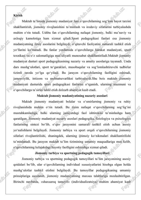 bu jarayon maktab ta’lim tizimining umumiy maqsadlariga mos kelib, o‘quvchilarning kelajakdagi hayotiy faolligini oshirishga xizmat qiladi. jismoniy tarbiya va sportning pedagogik tamoyillari jismoniy tarbiya va sportning pedagogik tamoyillari ta’lim jarayonining asosiy qoidalari bo‘lib, ular o‘quvchilarning individual xususiyatlarini hisobga olgan holda mashg‘ulotlar tashkil etishni belgilaydi. bu tamoyillar pedagogikaning umumiy prinsiplariga asoslanib, jismoniy madaniyatning maxsus talablariga moslashtirilgan. birinchi navbatda, «shaxsaroq tamoyil» (individualizatsiya) muhim ahamiyat kasb etadi. har bir o‘quvchining yoshi, jinsini, sog‘liq holatini va jismoniy tayyorgarligini hisobga olgan holda mashg‘ulotlar dasturi shakllantirilishi kerak. masalan, boshlang‘ich sinf o‘quvchilari uchun o‘yin elementlari ustunlik qiladi, chunki ularning psixofiziologik xususiyatlari murakkab texnikalarni o‘zlashtirishga tayyor emas. aksincha, o‘rta va yuqori sinf o‘quvchilari uchun sport musobaqalari va murakkab mashqlar joriy etiladi, bu ularning motivatsiyasini oshiradi.ikkinchi tamoyil – «izchillik va ketma-ketlik» bo‘lib, u jismoniy rivojlanish bosqichlarini hisobga oladi. mashg‘ulotlar dasturi o‘quvchilarning yosh xususiyatlariga muvofiq tuzilishi lozim, ya’ni oddiy harakatlardan murakkab ko‘nikmalarga o‘tish bosqichma-bosqich amalga oshiriladi. bu tamoyil fiziologik jihatdan …