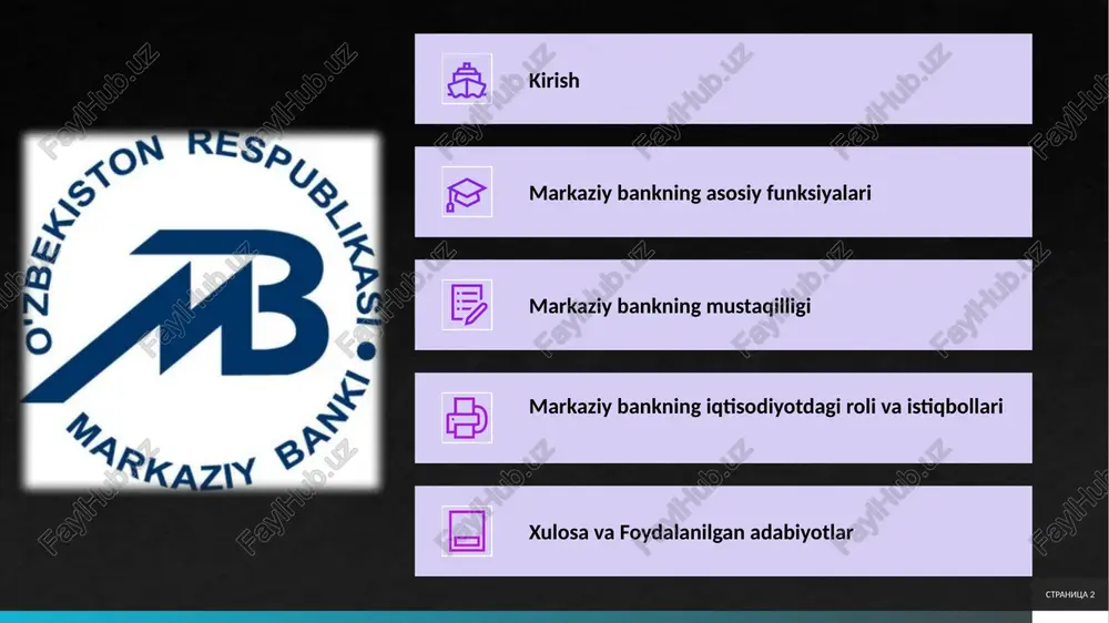 orligini taʼminlash, pul-kredit munosabatlarini tartibga solish va moliyaviy tizimning samarali ishlashini qoʻllab-quvvatlash kabi strategik vazifalarni bajaradi. ushbu institutning faoliyati oʻzbekiston respublikasi konstitutsiyasi va maxsus qonunlar asosida amalga oshiriladi, bu esa uning mustaqilligini va davlat iqtisodiy siyosatidagi asosiy rolini taʼminlaydi. markaziy bankning asosiy funksiyalari quyidagi rejaga muvofiq tizimlashtirilgan boʻlib, har biri iqtisodiy barqarorlik va rivojlanishning ajralmas qismlari sifatida batafsil koʻrib chiqiladi. bu funksiyalar nafaqat ichki iqtisodiy jarayonlarni boshqarishga, balki xalqaro moliyaviy integratsiyaga ham hissa qoʻshadi, chunki zamonaviy iqtisodiyotda pul-kredit mexanizmlari global oʻzgarishlarga moslashishni talab etadi. . stranitsa 5 perviy navik vtoroy navik tretiy navik zaklyuchenie 5 pul-kredit siyosatini yuritish va inflyatsiyani nazorat qilish perviy navik vtoroy navik tretiy navik zaklyuchenie stranitsa 6 pul-kredit siyosati oʻzbekiston markaziy bankining eng muhim yoʻnalishlaridan biri boʻlib, u iqtisodiyotdagi pul massasi, kreditlash hajmi va foiz stavkalarini tartibga solish orqali umumiy iqtisodiy barqarorlikni shakllantiradi. bu siyosatning asosiy maqsadi inflyatsiyani nazorat ostida ushlab turish va iqtisodiy oʻsishni ragʻbatlantirishdan …